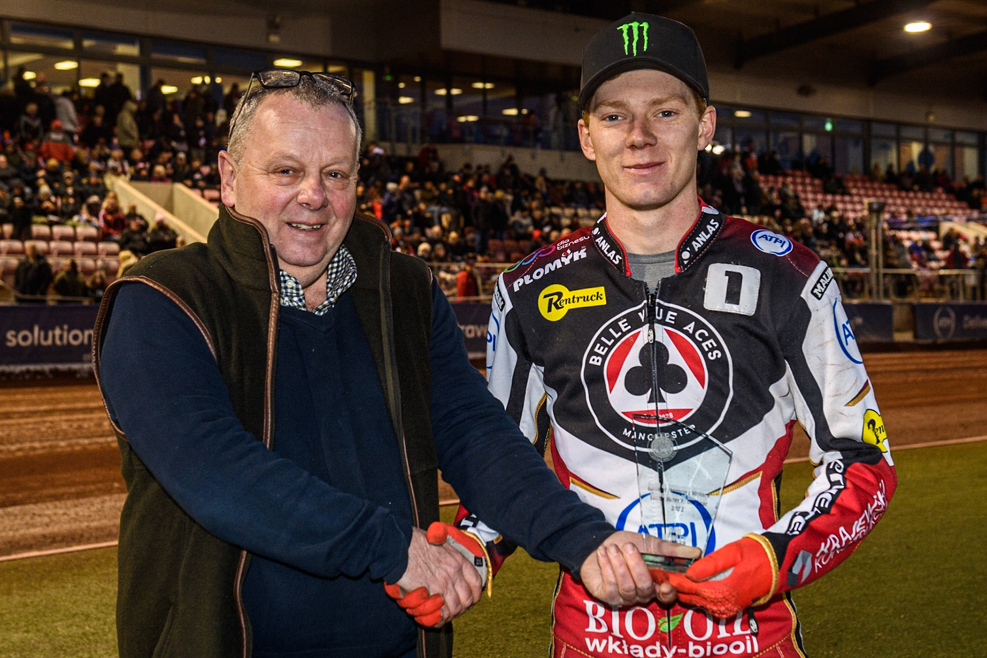 Richard Netherwood (left) of the Guild of Motoring Writers presents Dan Bewley with his award as Young Rider of the Year during the SGB Premiership match between Belle Vue Aces and Peterborough at the National Speedway Stadium, Manchester on Monday 24th April 2023. (Photo: Ian Charles | MI News)