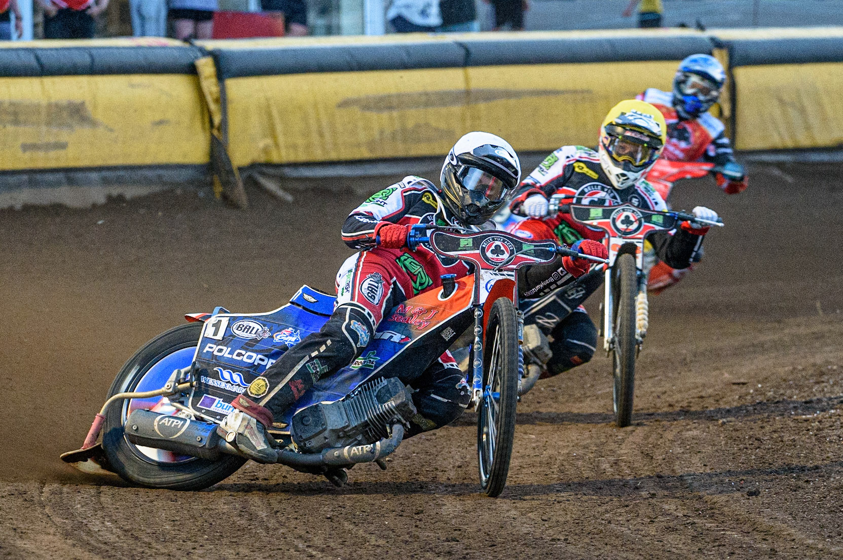 PETERBOROUGH, UK. JULY 19TH Brady Kurtz (White) and Dan Bewley (Yellow) go for maximum points ahead of Bjarne Pedersen  (Blue)  during the SGB Premiership match between Peterborough and Belle Vue Aces at East of England Showground, Peterborough on Monday 19th July 2021. (Credit: Ian Charles | MI News)