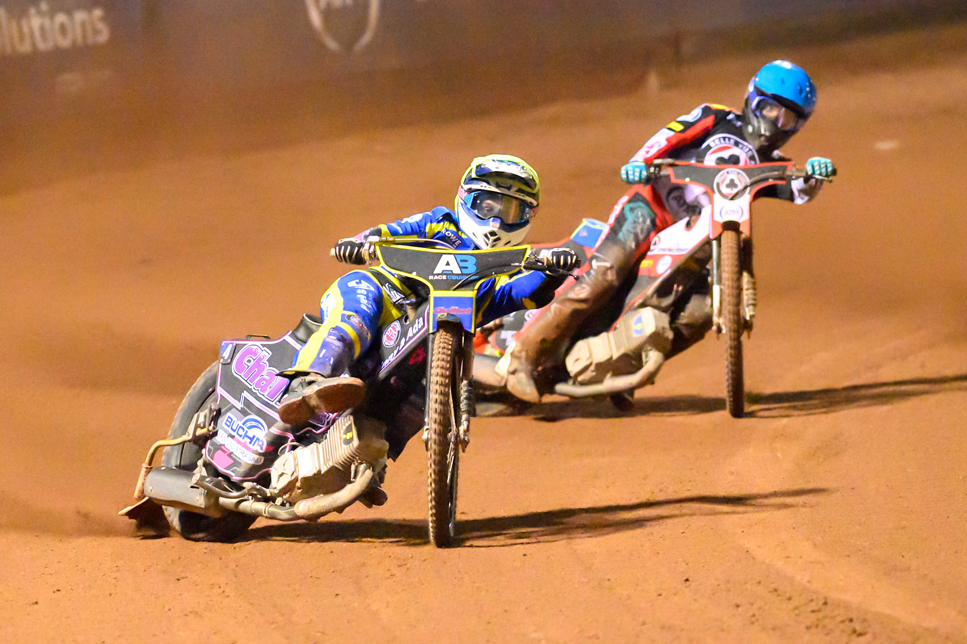 Leon Flint of Sheffield Tigers  in Yellow leading Tate Zischke of Belle Vue Aces  during the Knockout Cup, Northern Section match between Belle Vue Aces and Sheffield Tigers at the National Speedway Stadium, Manchester on Monday 30th March 2026. (Photo: Ian Charles | MI News)