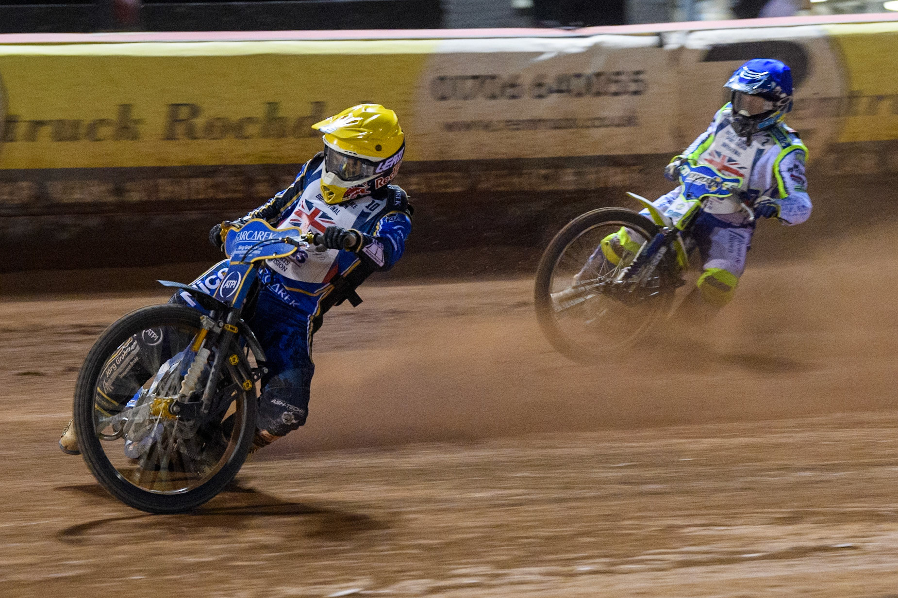 Robert Lambert in Yellow leading Chris Harris in Blue during the Attis Insurance Sports Division British Final at the National Speedway Stadium, Manchester on Monday 12th May 2025. (Photo: Ian Charles | MI News)