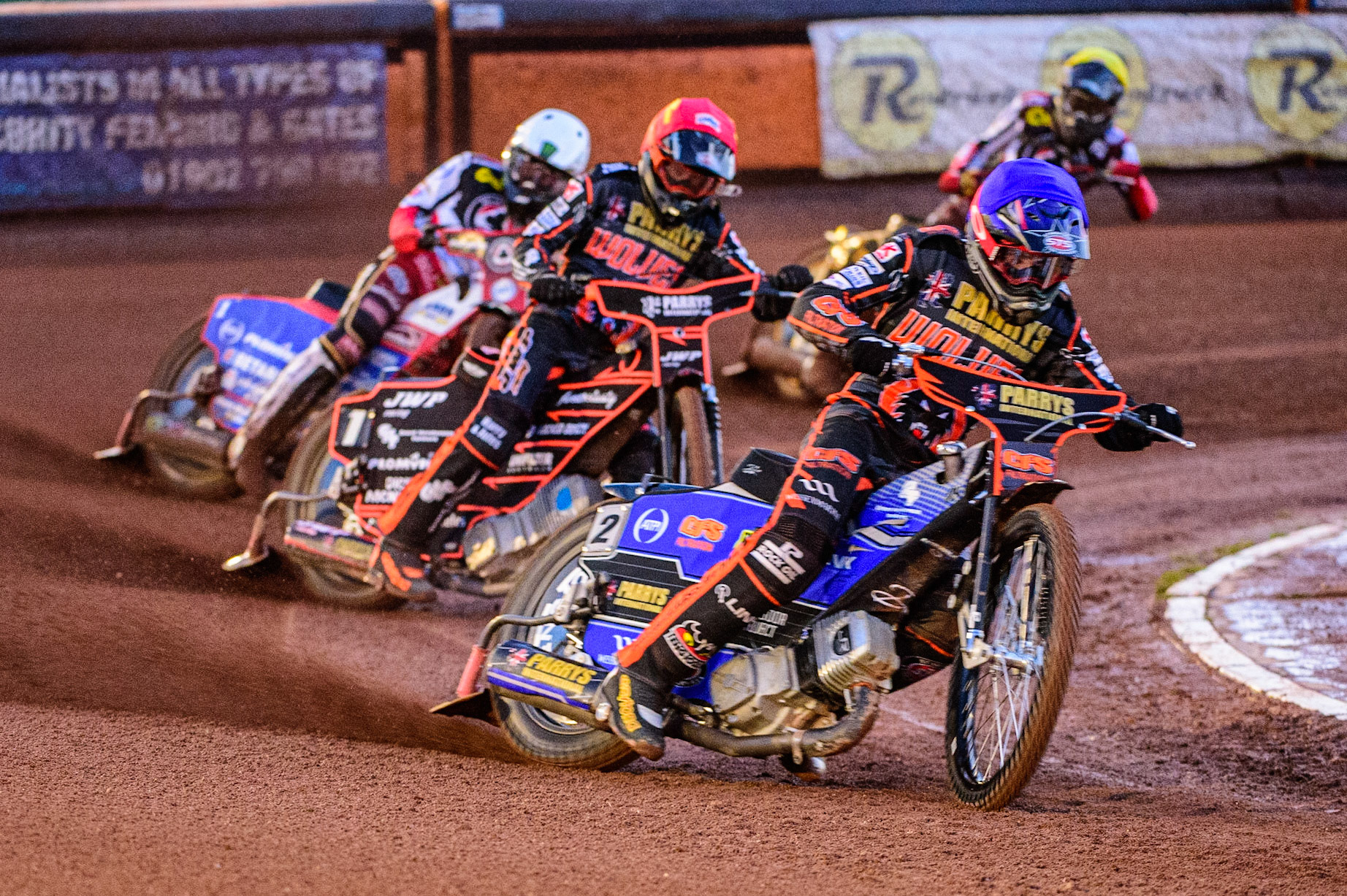 Steve Worrall (Blue) leads Sam Masters  (Red) with Dan Bewley  (White) and Norick Blodorn  (Yellow) behind during the SGB Premiership Knock Out Cup Quarter Final 1st Leg between Wolverhampton Wolves and Belle Vue Aces at Monmore Green Stadium, Wolverhampton on Monday 10th April 2023. (Photo: Ian Charles | MI News)