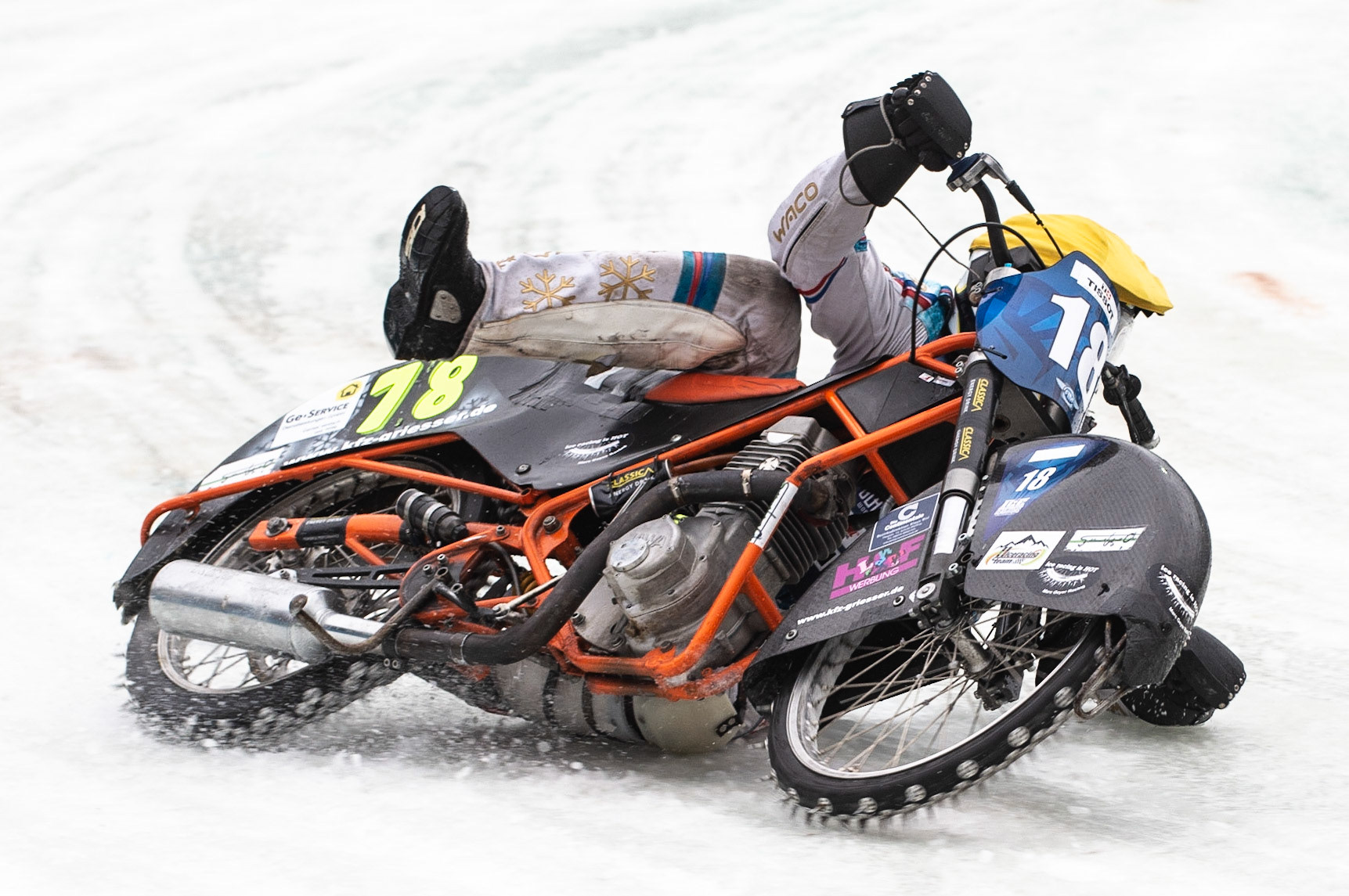 Photo: Ian Charles

Marc Geyer (18) gets into difficulties

FIM Ice Speedway Gladiators World Championship, Final 3.2, Horst-Dohm Eisstadion, Berlin, Germany Sunday  3  March  2019