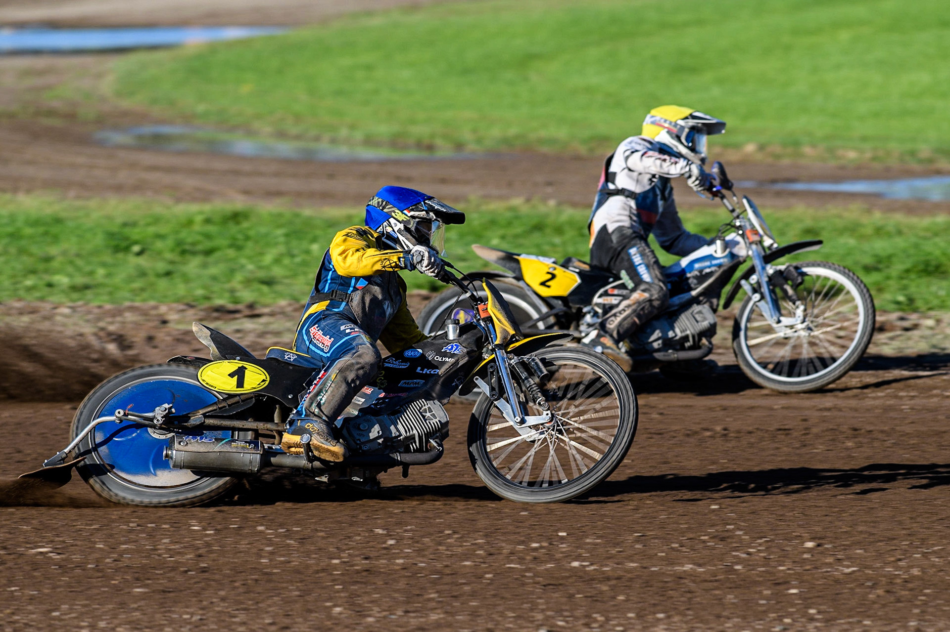 Josef Franc  (Blue) outside team mate Hynek Stichauer (Yellow) during the FIM Long Track Of Nations event at the Speed Centre Roden on Sunday 24th September 2023. (Photo: Ian Charles | MI News)