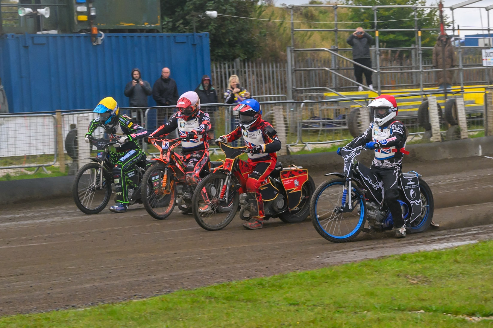 SEMI FINAL 1: (L to R) Harrison Rogers in Yellow, Alex Spooner in White, Luke Harris in Blue  and Jason Garrity in Red  during the Derbyshire Open at Hi-Edge Speedway, Buxton on Sunday 27th September 2026. (Photo: Ian Charles | MI News)