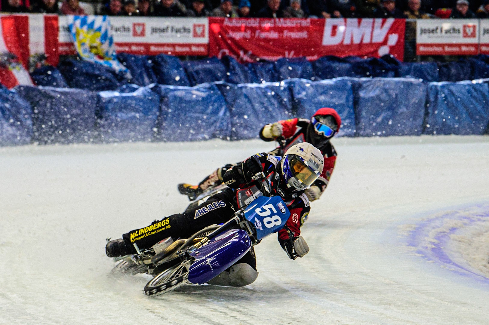 Stefan Svensson (58) (White) leads Jo Saetre (357) (Red) during the Ice Speedway Gladiators World Championship Final 2 at Max-Aicher-Arena, Inzell, Germany on Sunday 19th March 2023. (Photo: Ian Charles | MI News)