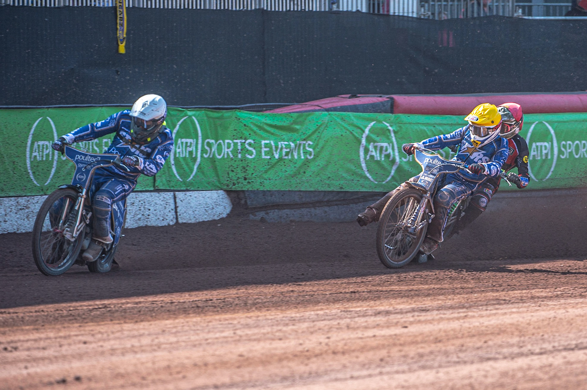 Photo: Ian Charles

Craig Cook  (White) leads Robert Lambert  (Yellow) and Dan Bewley  (Red)

Belle Vue Aces v Kings Lynn Stars, British Speedway Premiership, Belle Vue National Speedway Stadium, Manchester, Monday 26  August  2019