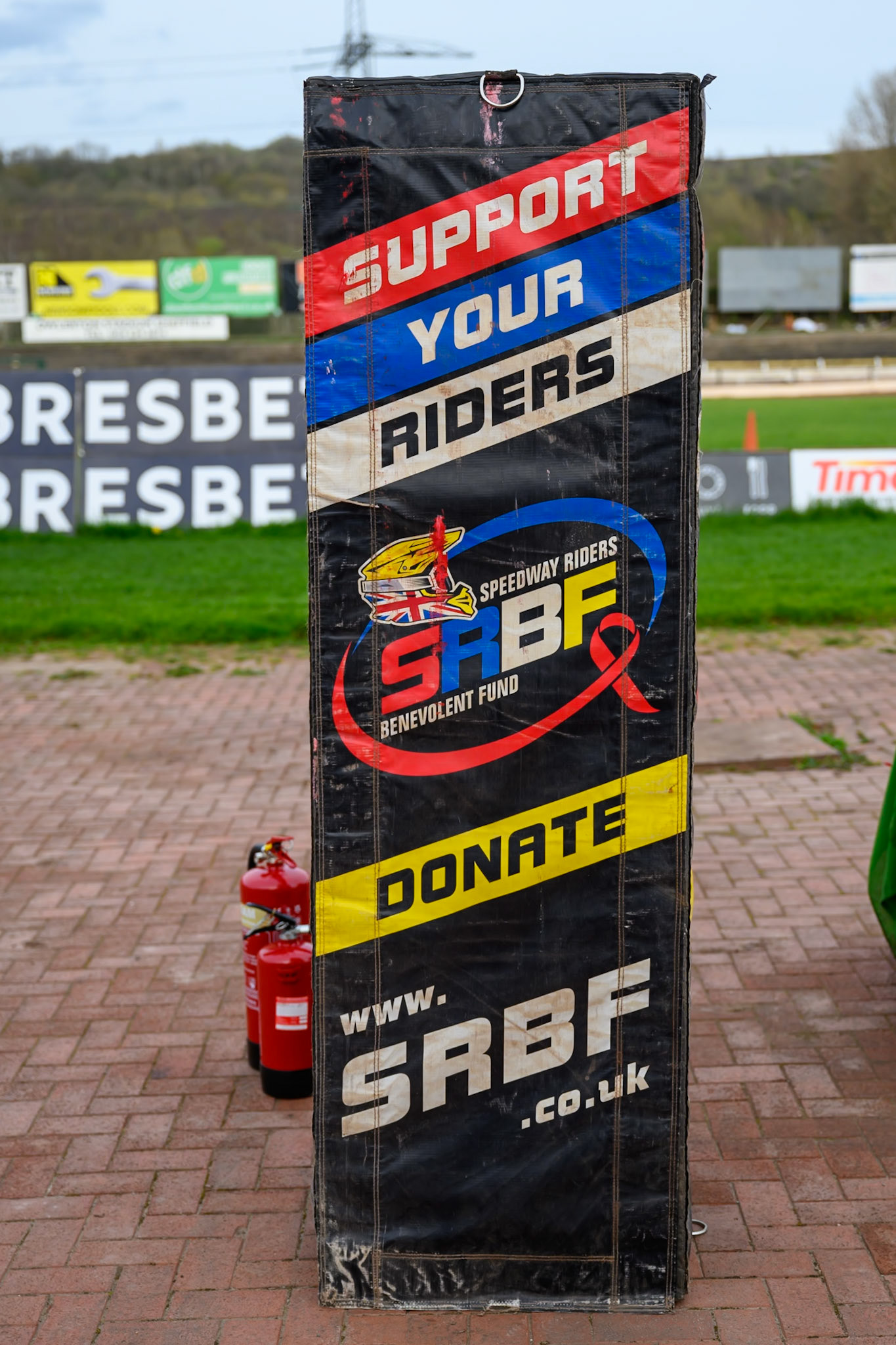 Owlerton Stadium Ad for the Speedway Riders Benevolent Fund during the Knockout Cup Northern Section match between Sheffield Tigers and Belle Vue Aces at Owlerton Stadium, Sheffield on Thursday 2nd April 2026. (Photo: Ian Charles | MI News)