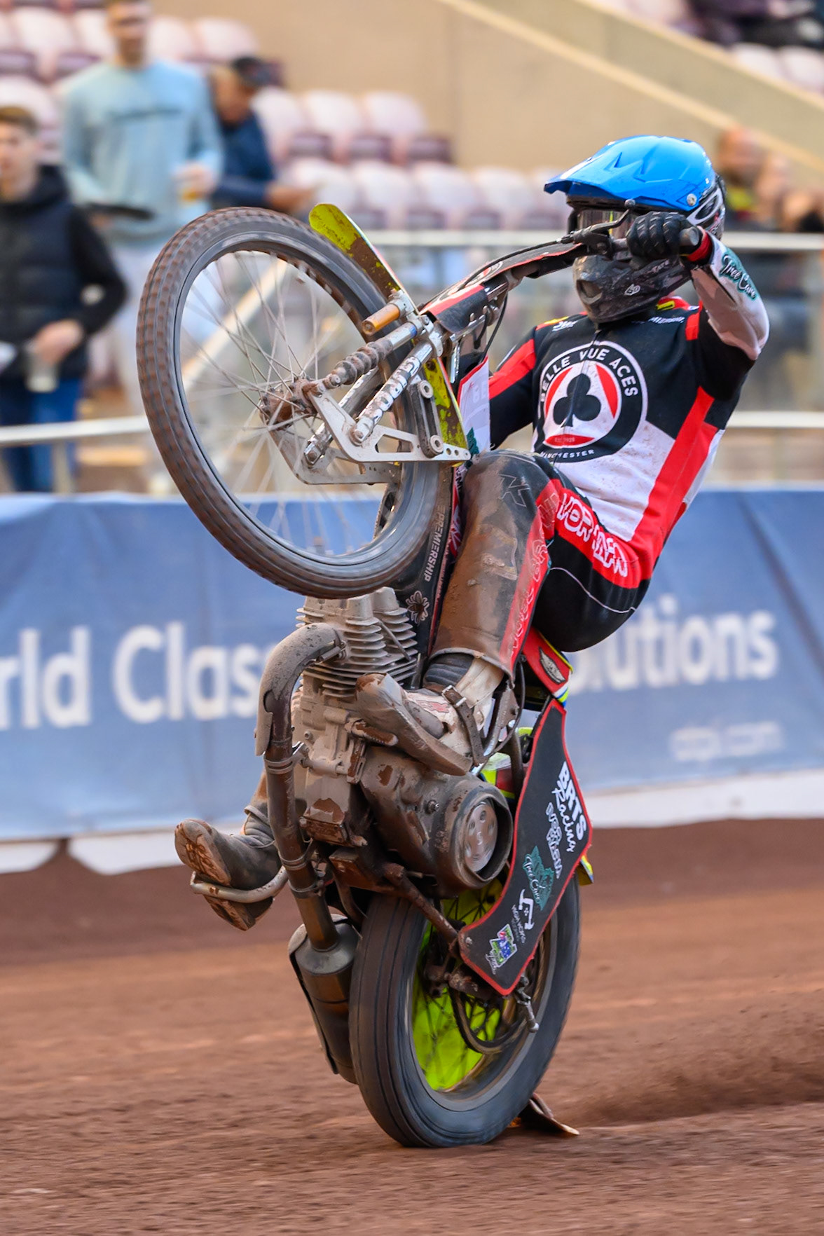 Tate Zischke of Belle Vue Aces celebrates with a wheelie during the Rowe Motor Oil Premiership match between Belle Vue Aces and Leicester Lions at the National Speedway Stadium, Manchester on Monday 15th June 2026. (Photo: Ian Charles | MI News)
