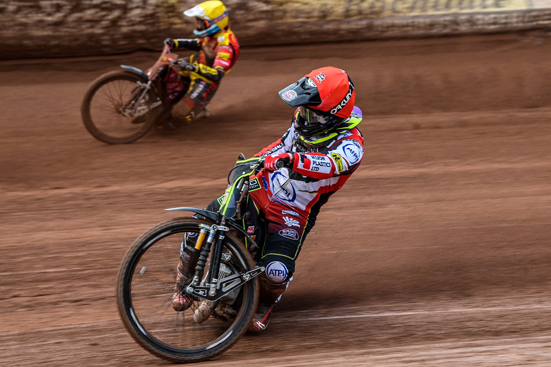 Tom Brennan  (Red) inside Max Fricke  (Yellow) during the SGB Premiership match between Belle Vue Aces and Leicester Lions at the National Speedway Stadium, Manchester on Monday 1st May 2023. (Photo: Ian Charles | MI News)