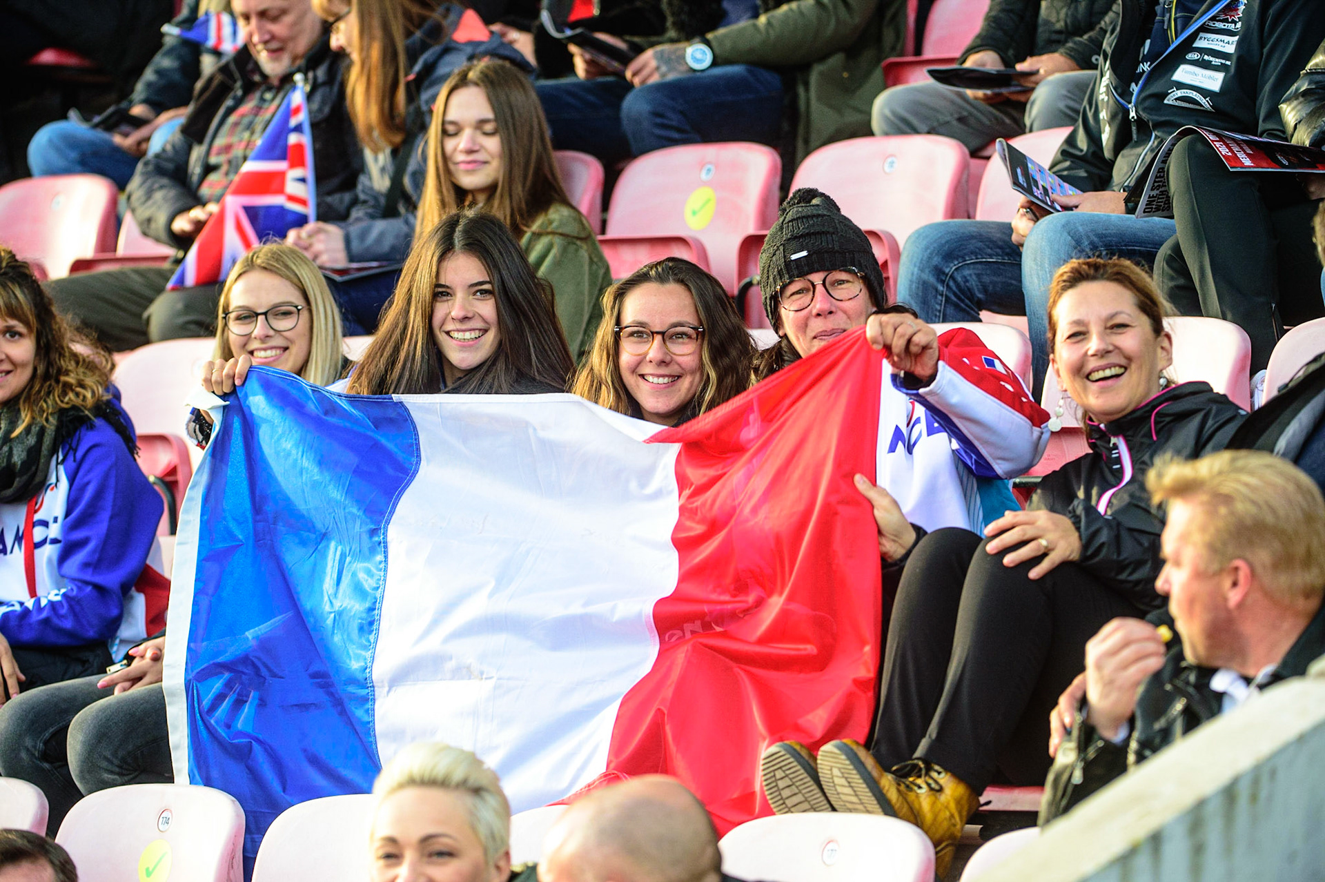 MANCHESTER, UK. OCT 16TH French fans in the Grandstand during the Monster Energy FIM Speedway of Nations at the National Speedway Stadium, Manchester on Saturday  16th October 2021. (Credit: Ian Charles | MI News)