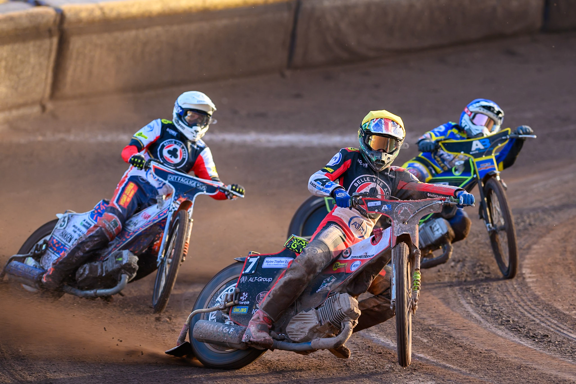 Will Cairns of Belle Vue Aces in Yellow leading Niels-Kristian Iversen, Guest Rider for Belle Vue Aces in White and Jye Etheridge of Sheffield Tigers in Blue during the Rowe Motor Oil Premiership match between Sheffield Tigers and Belle Vue Aces at Owlerton Stadium, Sheffield on Monday 25th May 2026. (Photo: Ian Charles | MI News)
