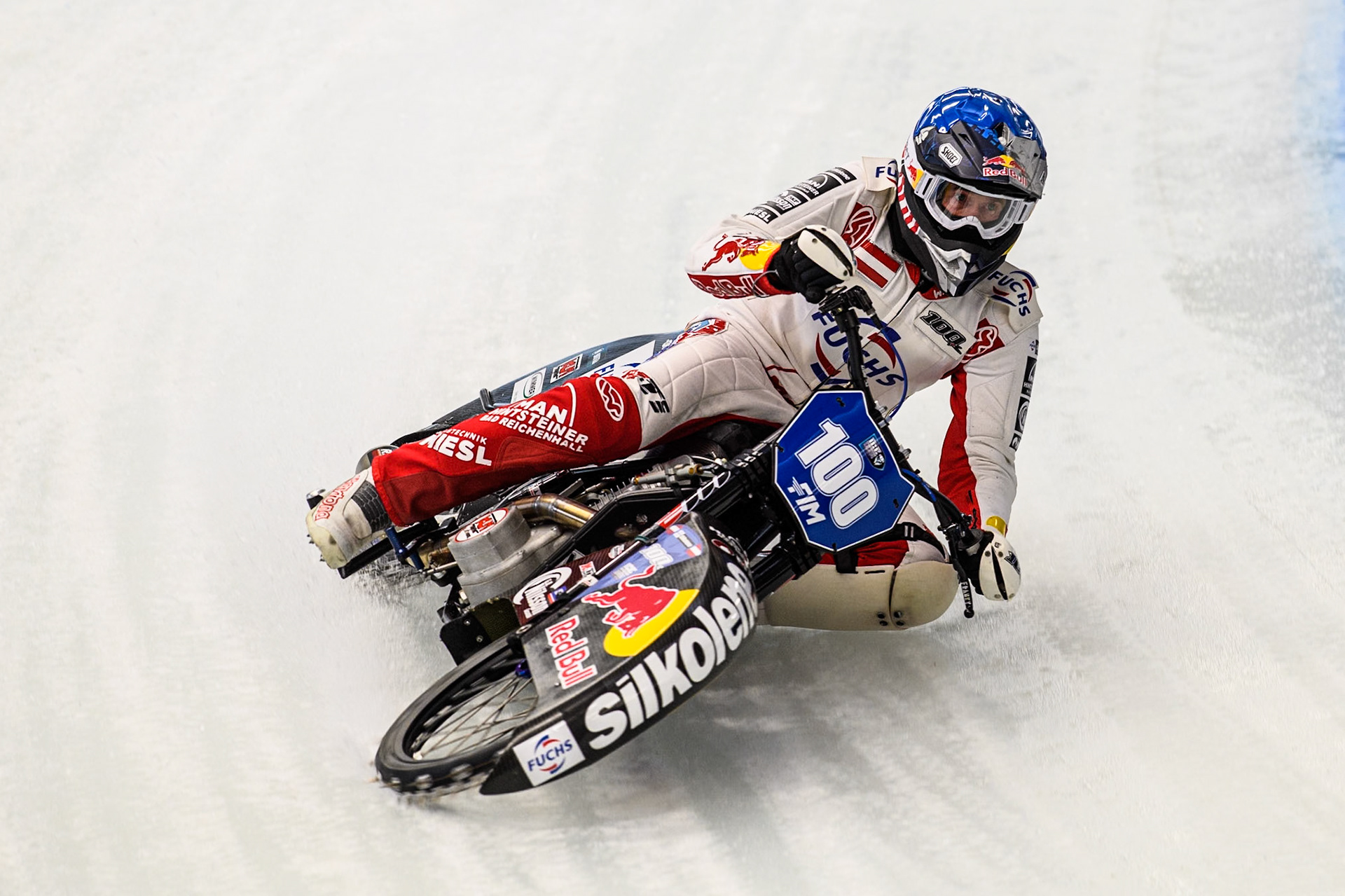 Franky Zorn (100) of Austria in action  during practice for  the Ice Speedway Gladiators World Championship Finals 1 &amp; 2 at Max-Aicher-Arena, Inzell on Friday 14th March 2025. (Photo: Ian Charles | MI News)