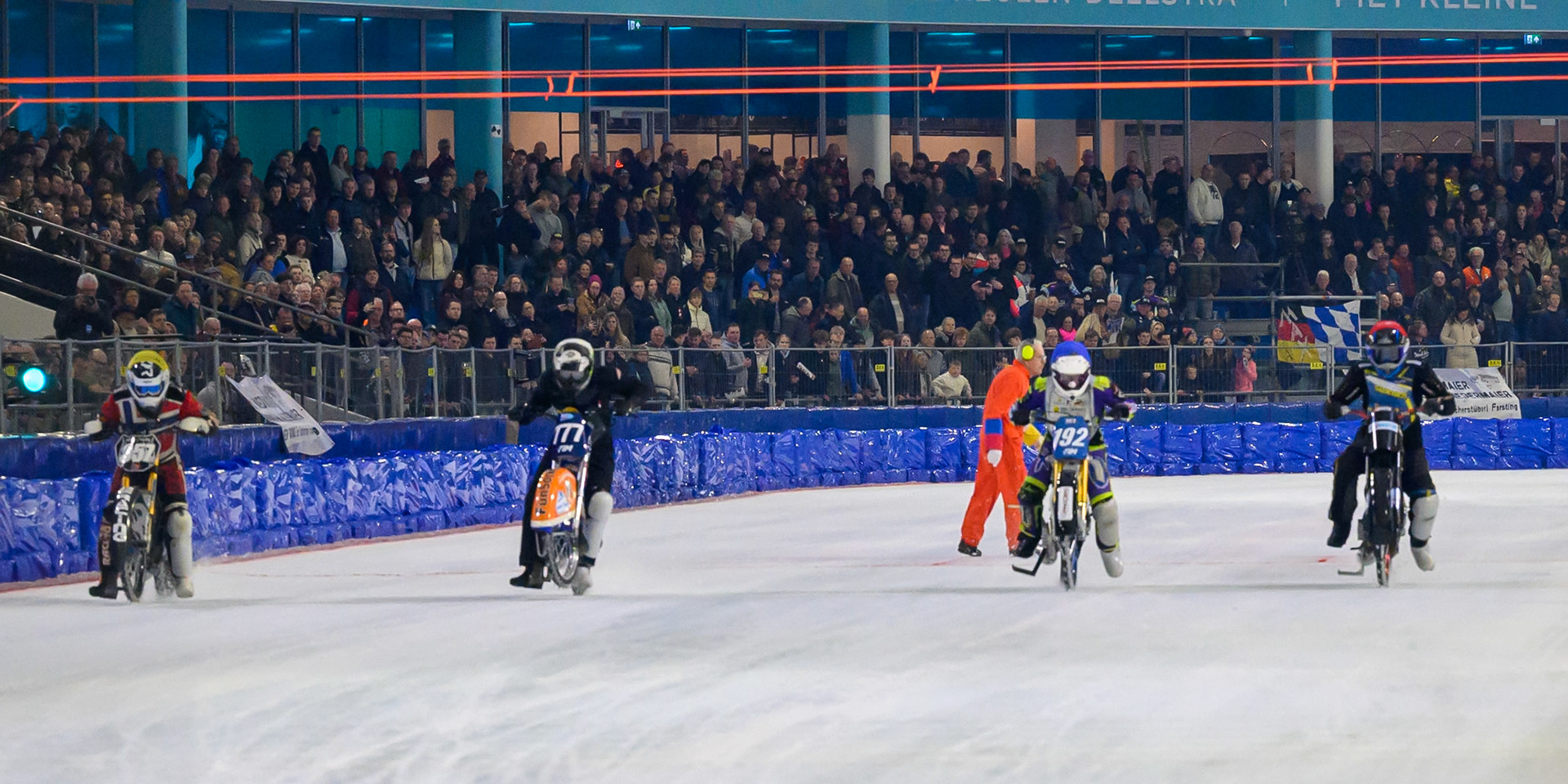 Heat 19 Star: (L to R) Jo Saetre of Norway  in Yellow, \Leon Kramer of The Netherlands  in White, Paul Cooper of Great Britain  in Blue and Isak Dekkerhus of Sweden  in Red during the ROELOF THIJS BOKAAL at Ice Rink Thialf, Heerenveen on Friday 10th April 2026.  (Photo: Ian Charles | MI News)