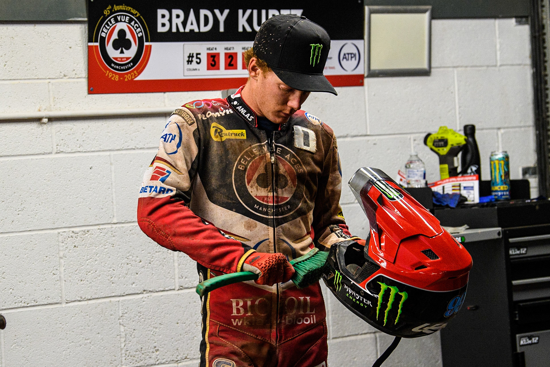 Dan Bewley clears the mud from his helmet during the Sports Insure Premiership match between Belle Vue Aces and King's Lynn Stars at the National Speedway Stadium, Manchester on Monday 12th June 2023. (Photo: Ian Charles | MI News)