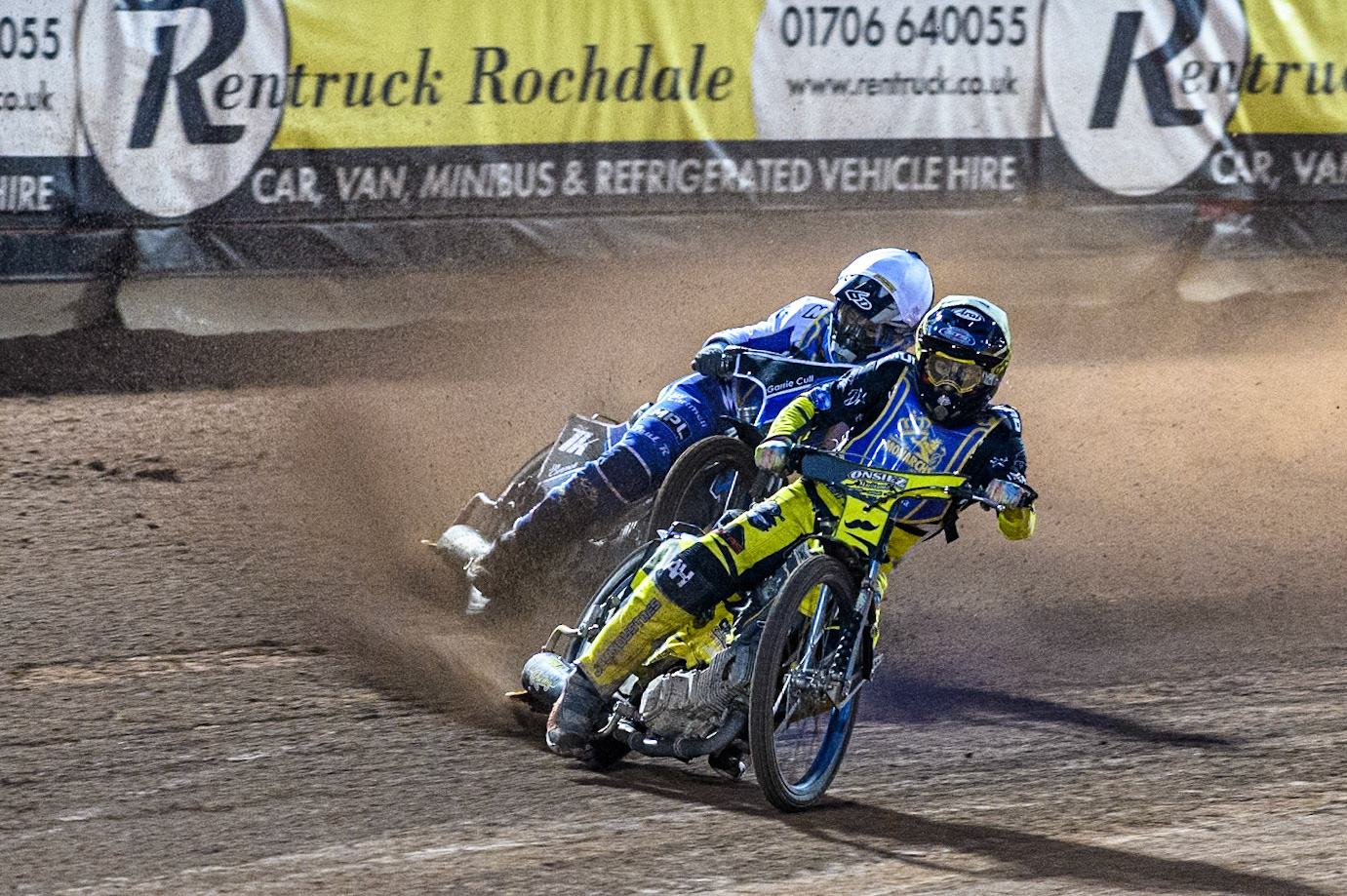 Edinburgh Monarchs' Dayle Wood in Yellow leading Edinburgh Monarchs' Sam McGurk in White during the WSRA National Development League match between Belle Vue Aces and Edinburgh Monarchs at the National Speedway Stadium, Manchester on Friday 30th August 2024. (Photo: Ian Charles | MI News)
