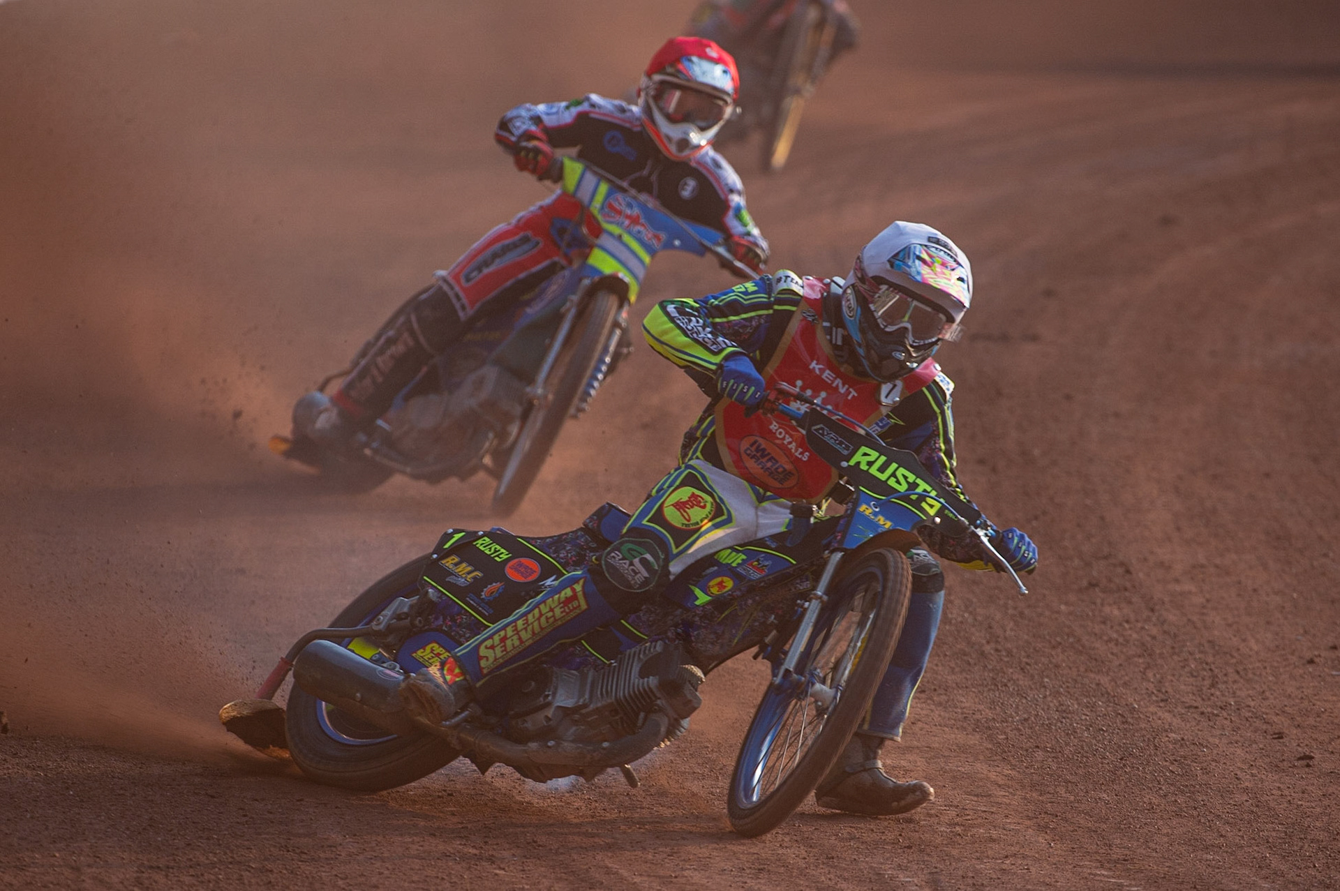 MANCHESTER, UK. JULY 2ND  Ryan Kinsley  (White) leads Benji Compton  (Red) during the National Development League match between Belle Vue Colts and Kent Royals at the National Speedway Stadium, Manchester on Friday 2nd July 2021. (Credit: Ian Charles | MI News)