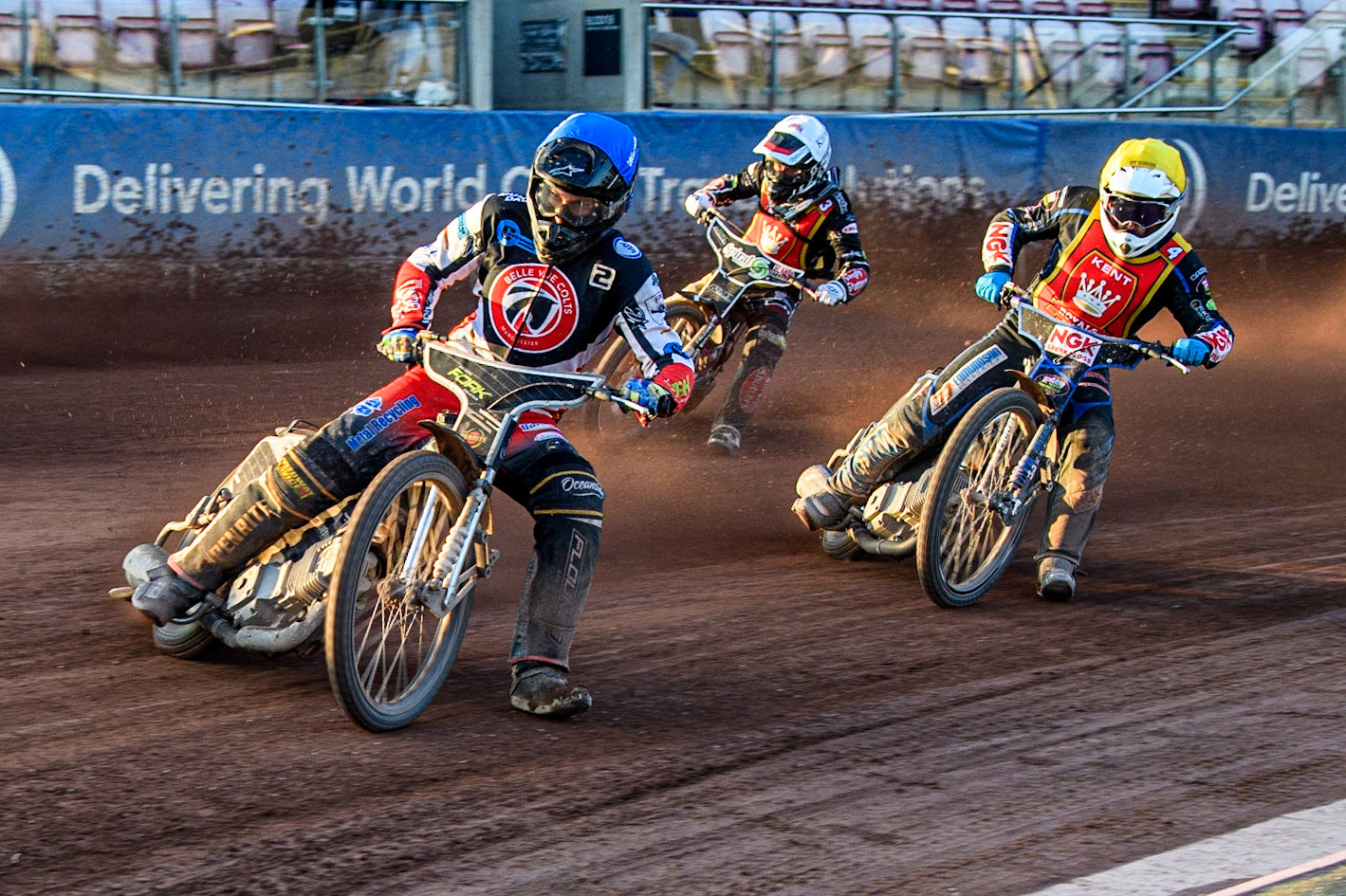 Matt Marson (Blue) leads Tom Woolley (Yellow) and Connor King (White) during the National Development League match between Belle Vue Colts and Kent Royals at the National Speedway Stadium, Manchester on Friday 7th July 2023. (Photo: Ian Charles | MI News)