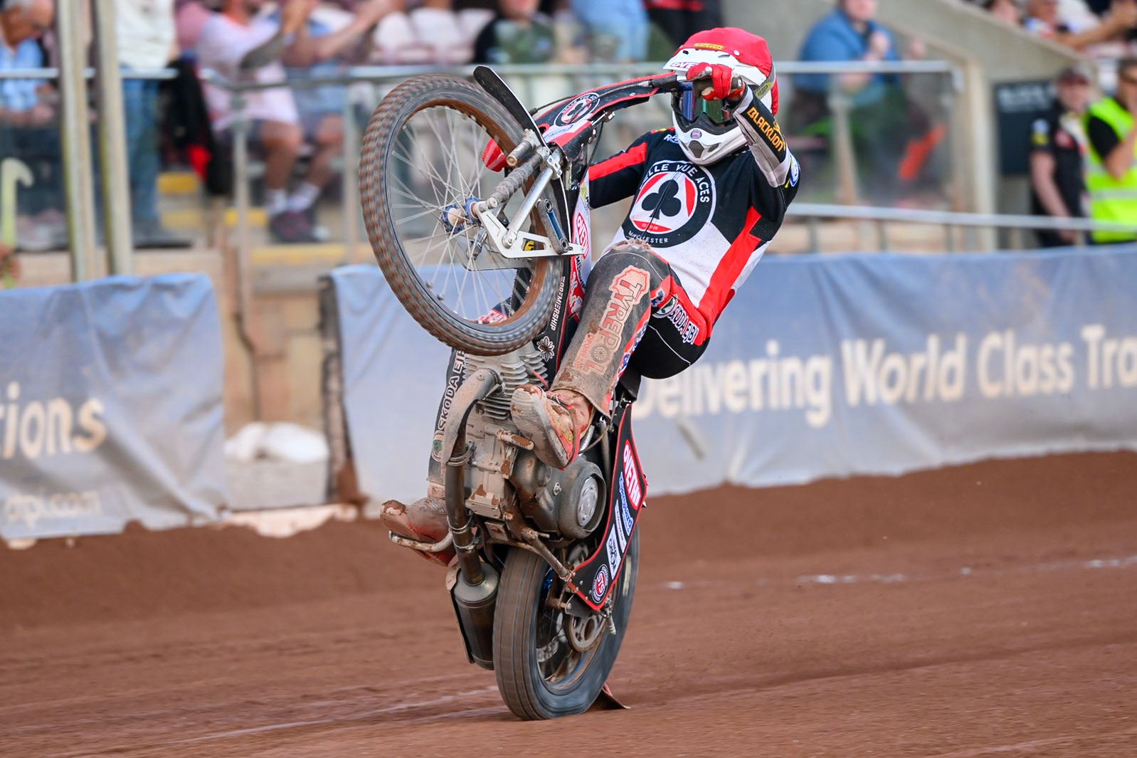 Peter Kildemand of Belle Vue Aces does a wheelie during the Rowe Motor Oil Premiership match between Belle Vue Aces and Ipswich Witches at the National Speedway Stadium, Manchester on Saturday 20th June 2026. (Photo: Ian Charles | MI News)