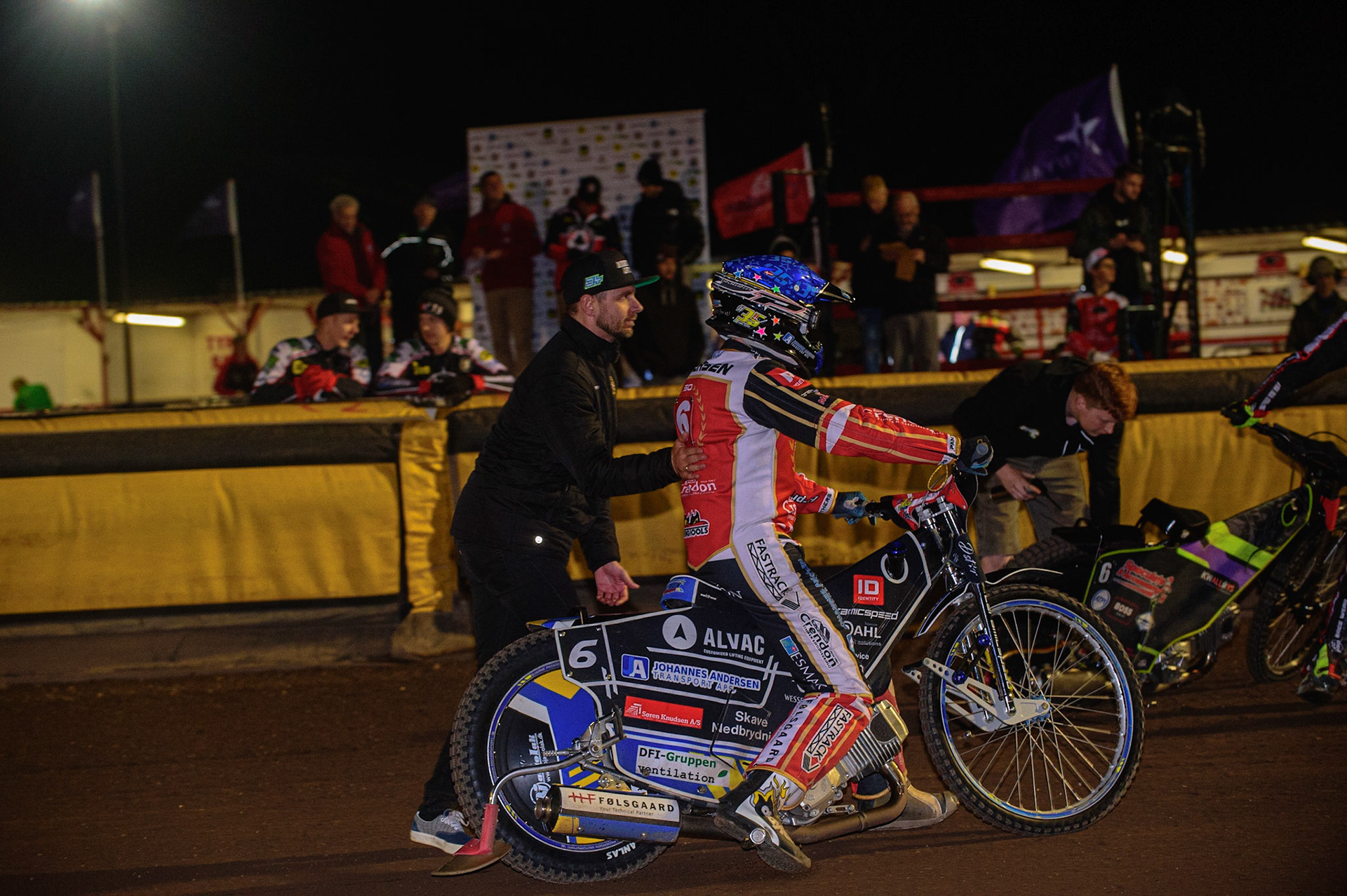 PETERBOROUGH, UK. OCT 14TH Hans Andersen congratulates Bjarne Pedersen  on his heat win during the SGB Premiership Grand Final 2nd leg between Peterborough and Belle Vue Aces at East of England Showground, Peterborough on Thursday 14th October 2021. (Credit: Ian Charles | MI News)