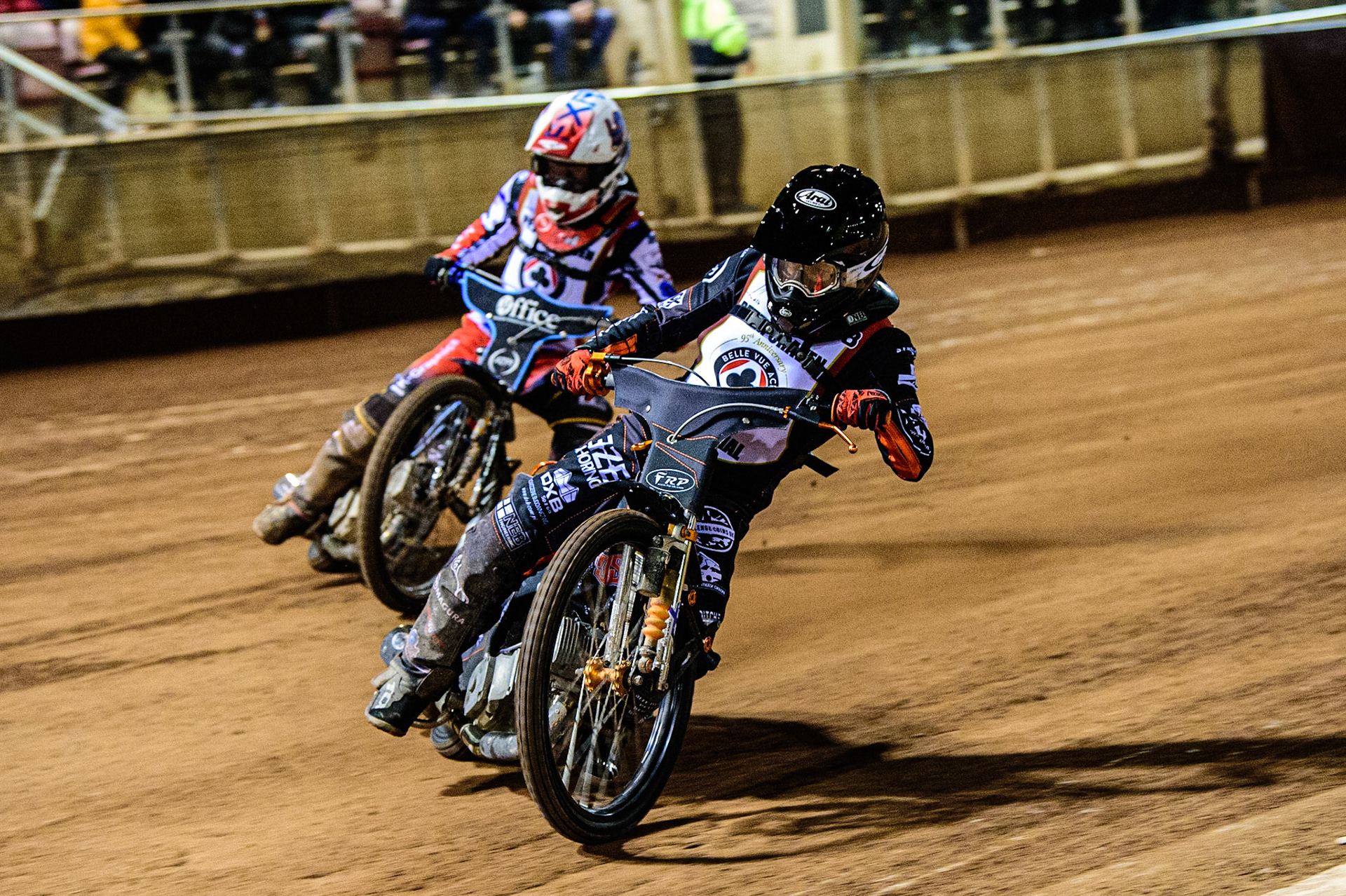 Jack Smith  (Blue) leads Freddy Hodder   (White) during the Peter Craven Memorial Trophy  at the National Speedway Stadium, Manchester on Monday 3rd April 2023. (Photo: Ian Charles | MI News)