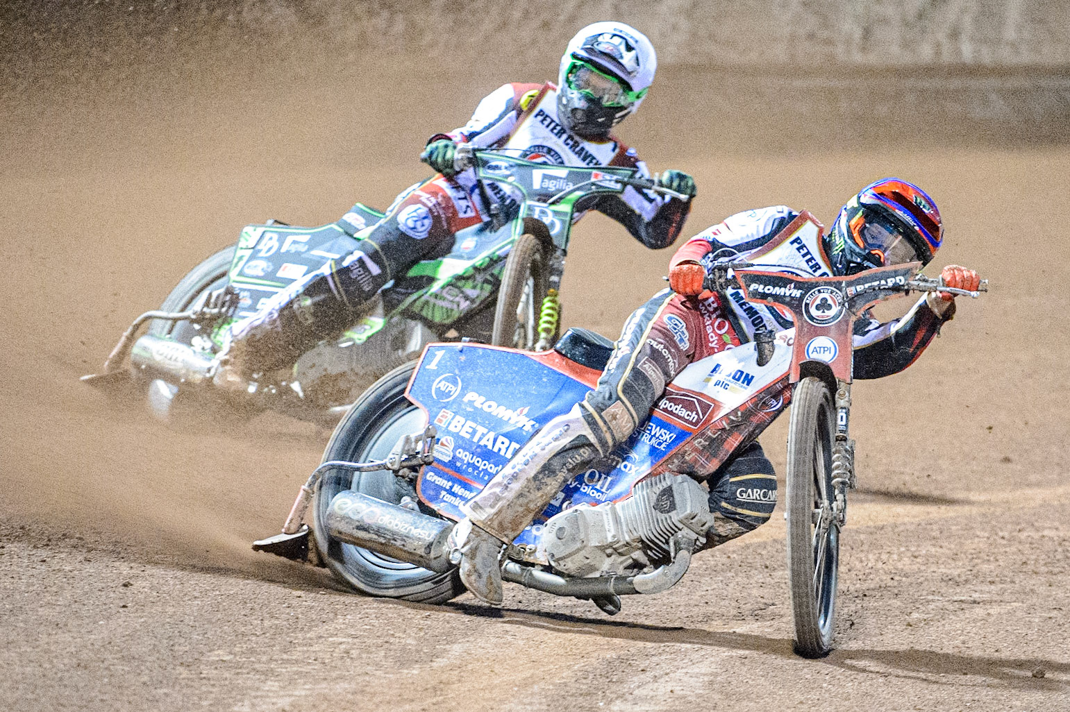 Dan Bewley  (Blue) leads Charles Wright  (White) during the Peter Craven Memorial Trophy  at the National Speedway Stadium, Manchester on Monday 3rd April 2023. (Photo: Ian Charles | MI News)