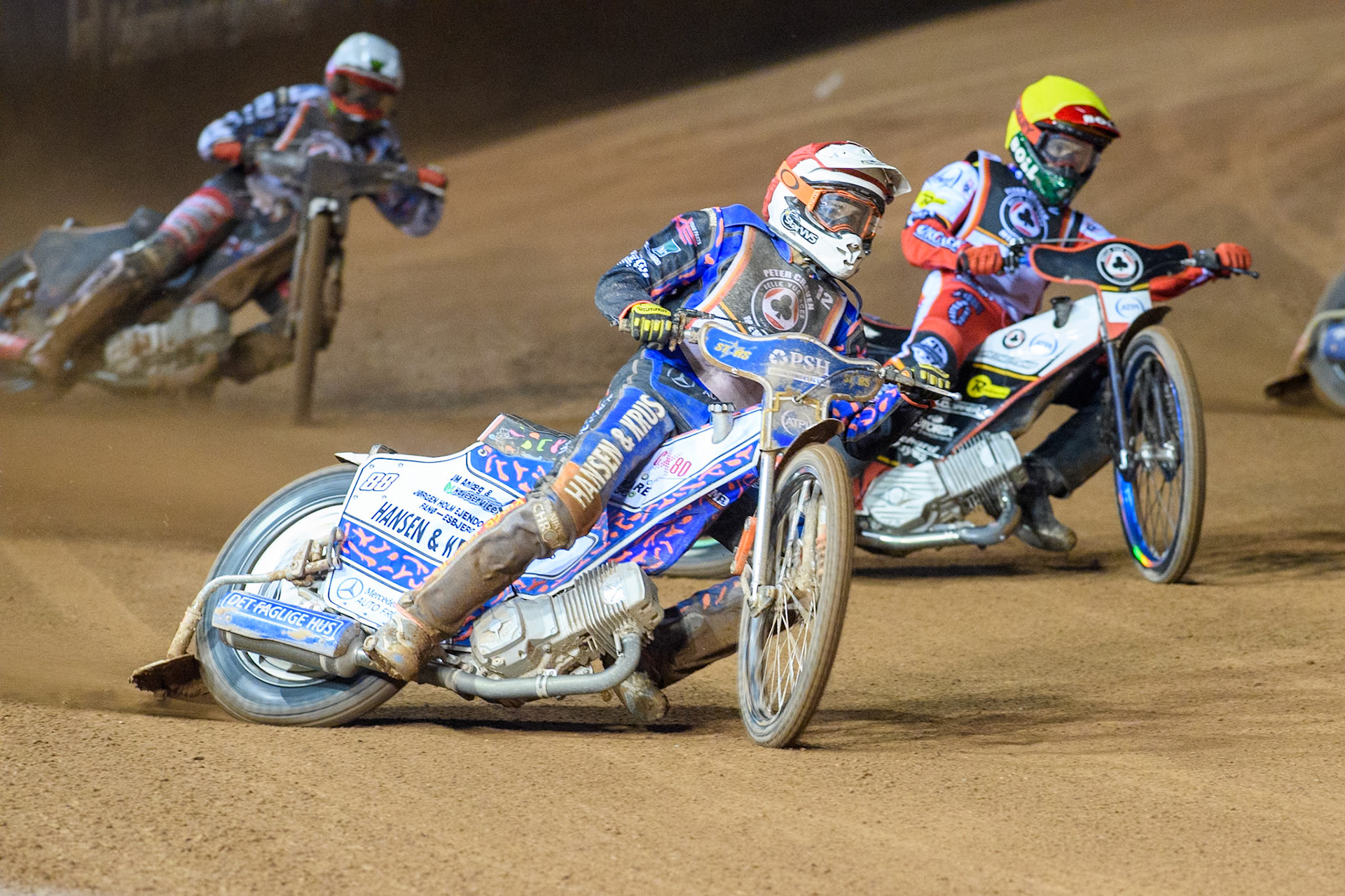 Niels-Kristian Iversen in Red rides outside Brady Kurtz in Yellow during the Peter Craven Memorial Trophy at the National Speedway Stadium, Manchester on Monday 17th March 2025. (Photo: Ian Charles | MI News)