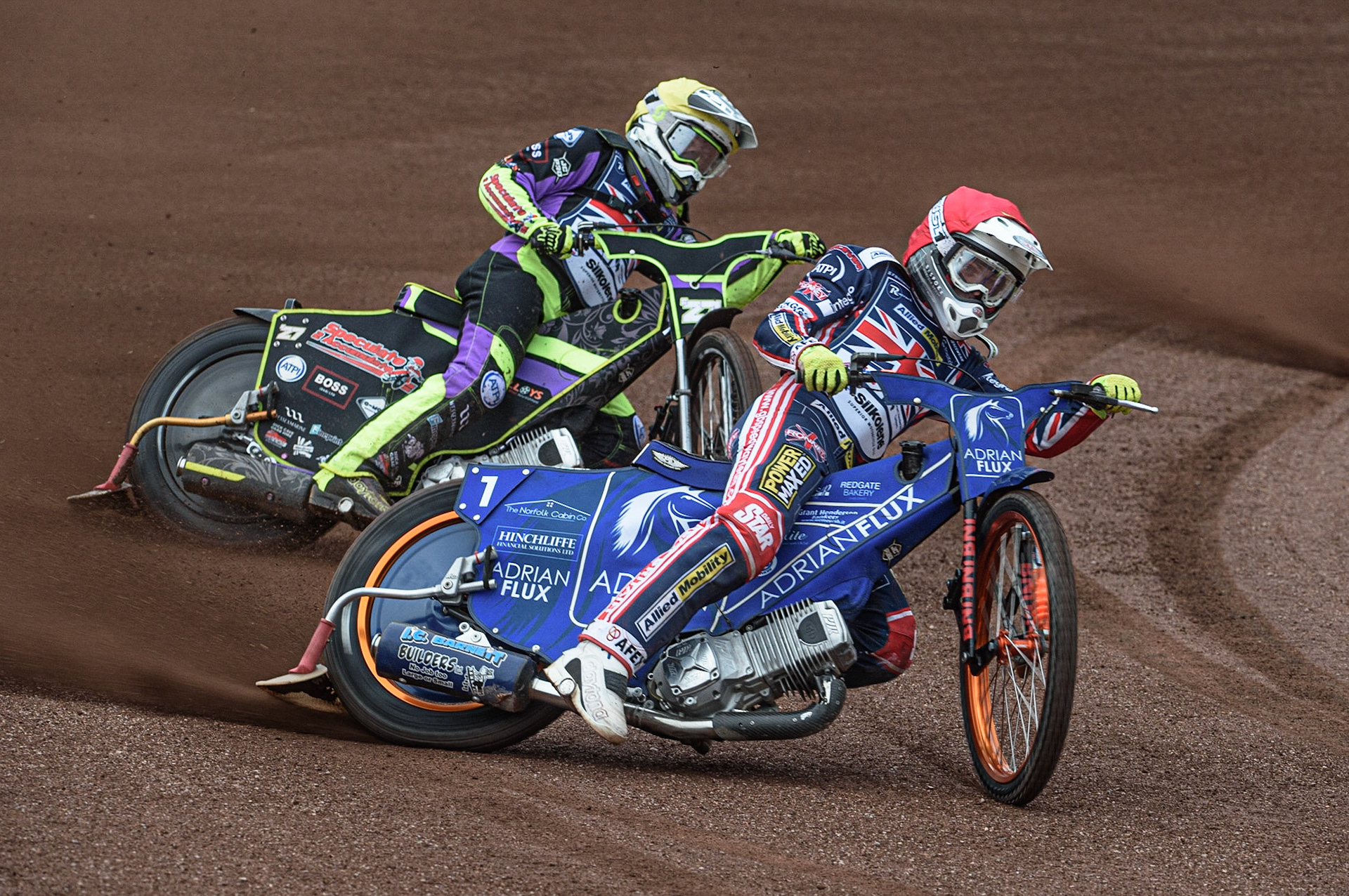 GLASGOW, UK. JUNE 19TH.  Lewis Kerr (Great Britain) (Red) leads Tom Brennan (Reserve) (Great Britain) (Yellow) during the FIM Speedway Grand Prix Qualifying Round at the Peugeot Ashfield Stadium, Glasgow on Saturday 19th June 2021. (Credit: Ian Charles | MI News)