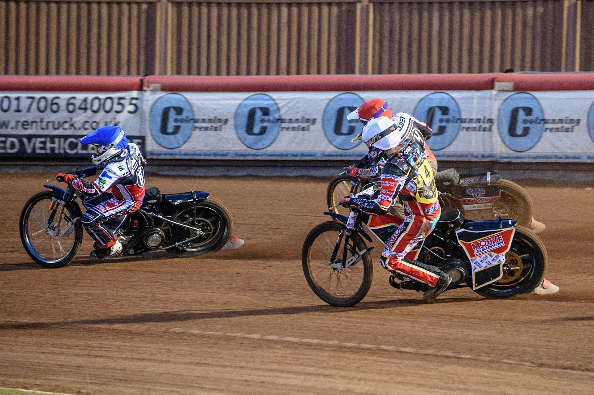 MANCHESTER, UK. JULY 29TH  Sam McGurk  (Blue) leads as Tom Spencer   (White) and Paul Bowen  (Red) battle for second place  during the National Development League match between Belle Vue Colts and Leicester Lion Cubs at the National Speedway Stadium, Manchester on Thursday 29th July 2021. (Credit: Ian Charles | MI News)