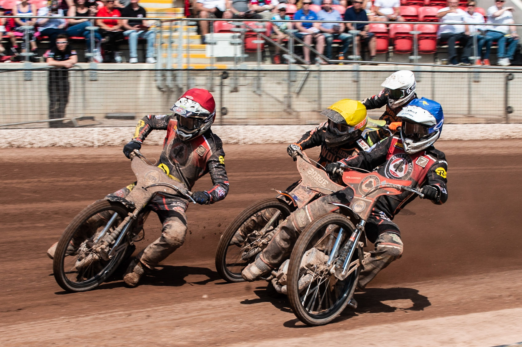 Photo by Ian Charles:

Jaimon Lidsey  (Blue) and Steve Worrall  lead Luke Becker  (Yellow) and Kyle Howarth  (White) into the first turn 

Belle Vue Aces v Wolverhampton Wolves, National Speedway Stadium, Manchester, Monday, 22, April, 2019