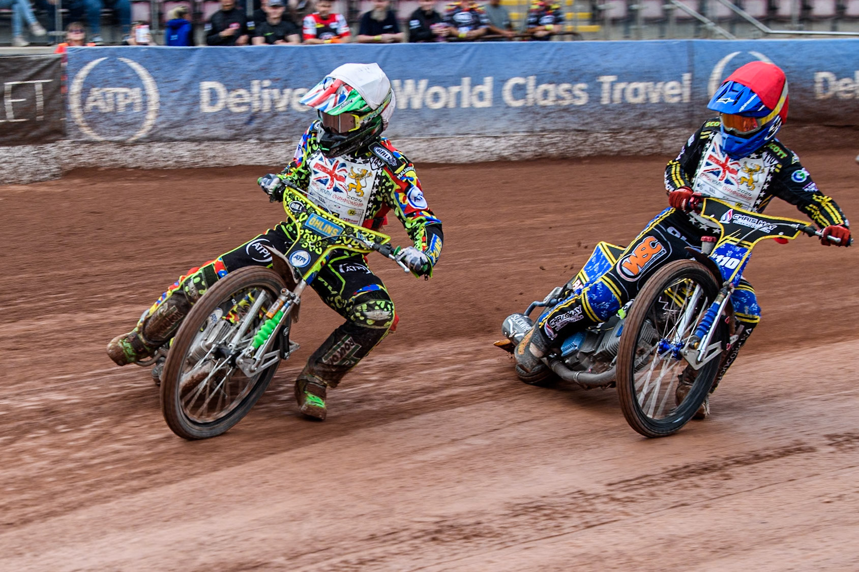 William Cairns (500cc)  in White leading William Hocaniuk  (500cc)  in Red during the British Youth 500cc Championships at the National Speedway Stadium, Manchester on Friday 2nd August 2024. (Photo: Ian Charles | MI News)