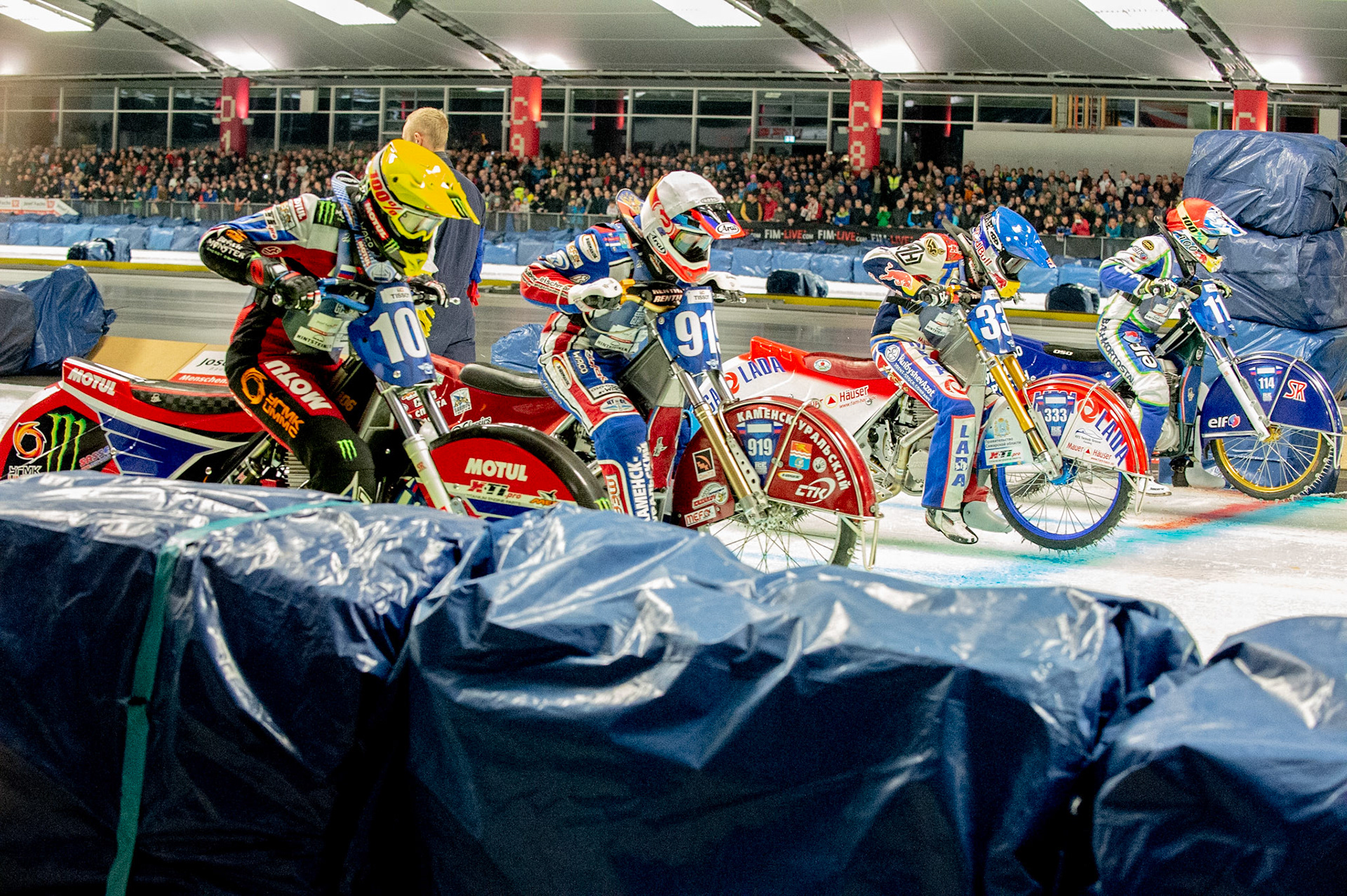 Photo: Ian Charles

Start of the Day 1 Final (l-r) Dmitri Koltakov (106) Dmitri Khomitsevich (919) Danil Ivanov (333) and Dinar Valeev (114)

FIM Ice Speedway Gladiators World Championship, Event 4.1, Max-Aicher-Arena, Inzell, Germany, Saturday 16 March 2019