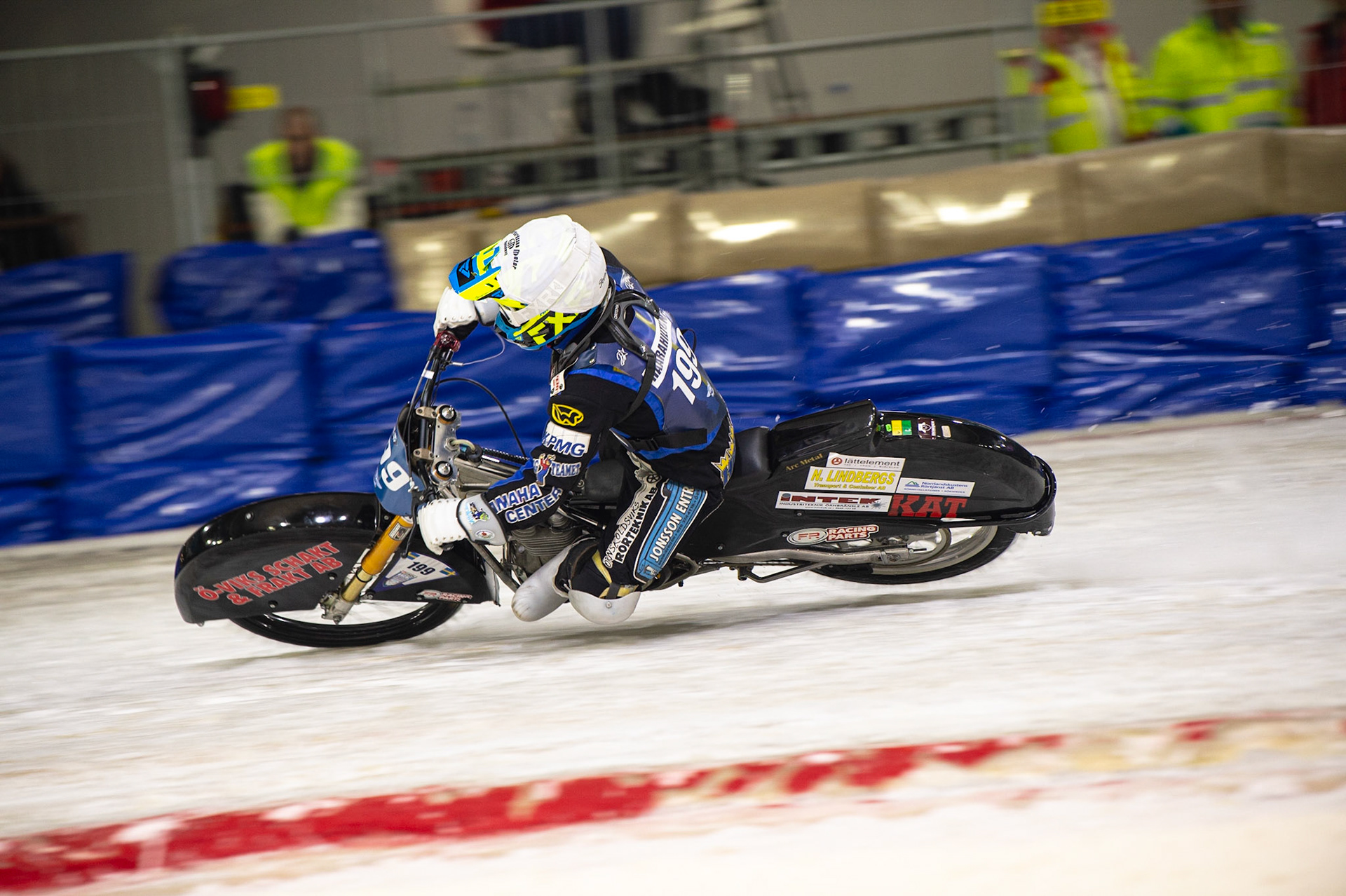 HEERENVEEN, NL. Martin Hååruhiltunen (199)  in action during the FIM Ice Speedway Gladiators World Championship Final 3 at Ice Rink Thialf, Heerenveen on Saturday  2 April 2022. (Credit: Ian Charles | MI News)