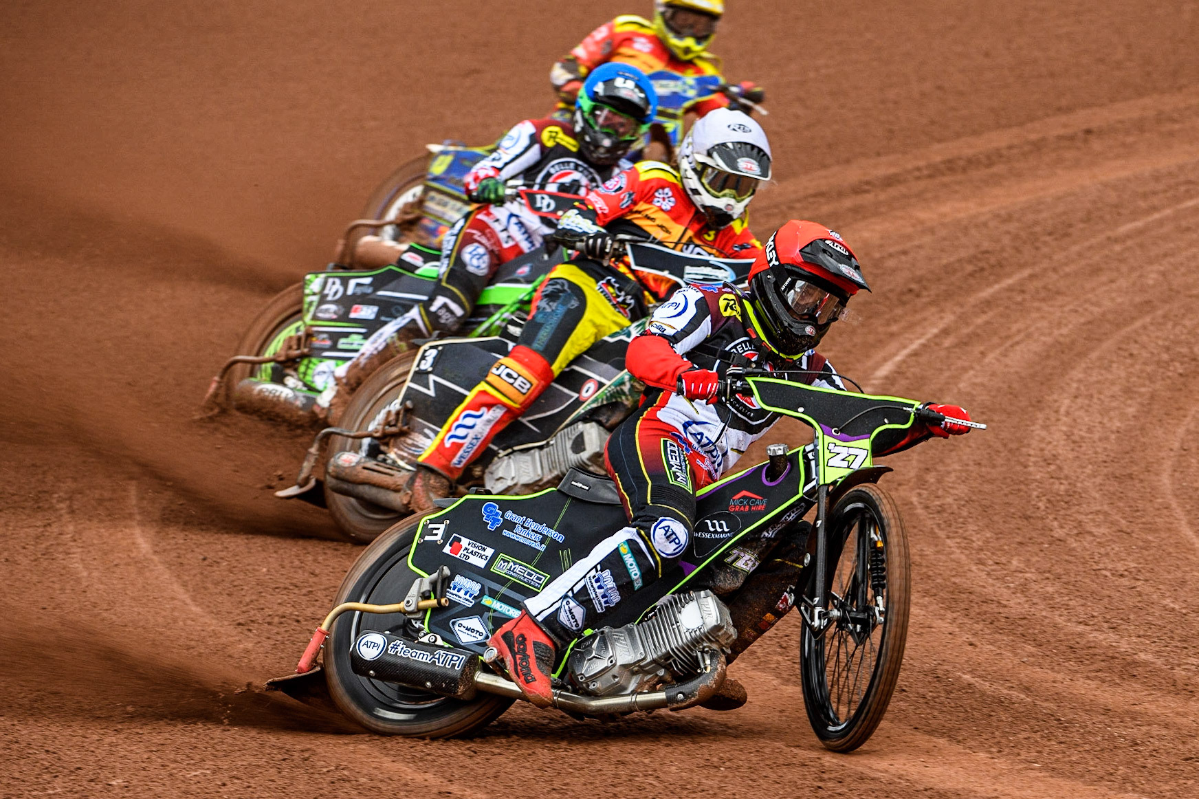 Tom Brennan  (Red) leads Richard Lawson  (White) Charles Wright   (Blue) and Chris Harris  (Yellow)  during the SGB Premiership match between Belle Vue Aces and Leicester Lions at the National Speedway Stadium, Manchester on Monday 1st May 2023. (Photo: Ian Charles | MI News)