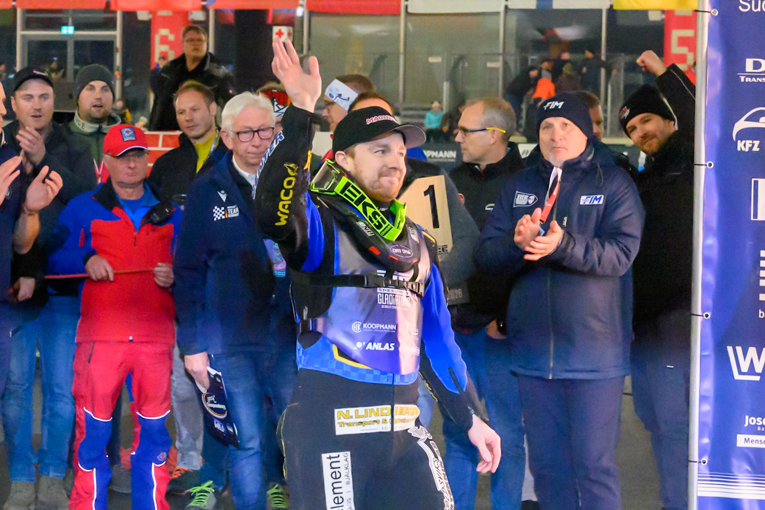 Martin Haarahiltunen (199) of Sweden  waves as he walks to the rostrum during the Ice Speedway Gladiators World Championship Final 1 at Max-Aicher-Arena, Inzell on Saturday 14th March 2026. (Photo: Ian Charles | MI News)