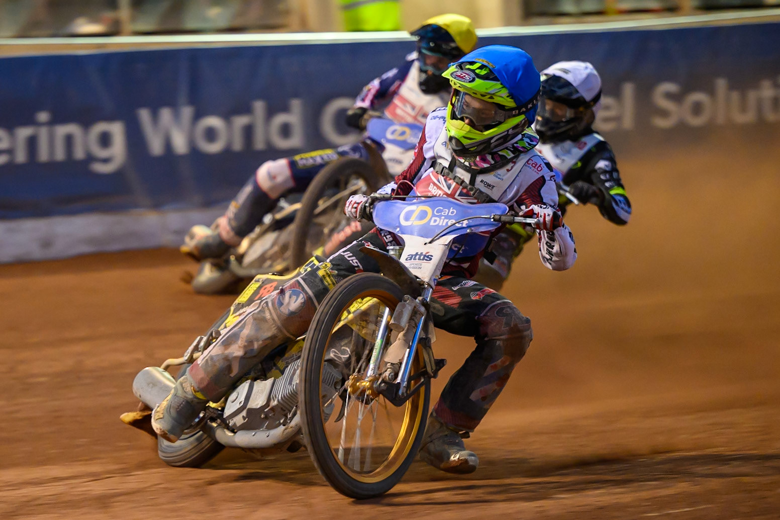 Ace Pijper (3) in Blue leading Danny King (10) in White  and Adam Ellis (5) in Yellow during the Cab Direct British Speedway Championship Final at the National Speedway Stadium, Manchester on Saturday 15th August 2026. (Photo: Ian Charles | MI News)