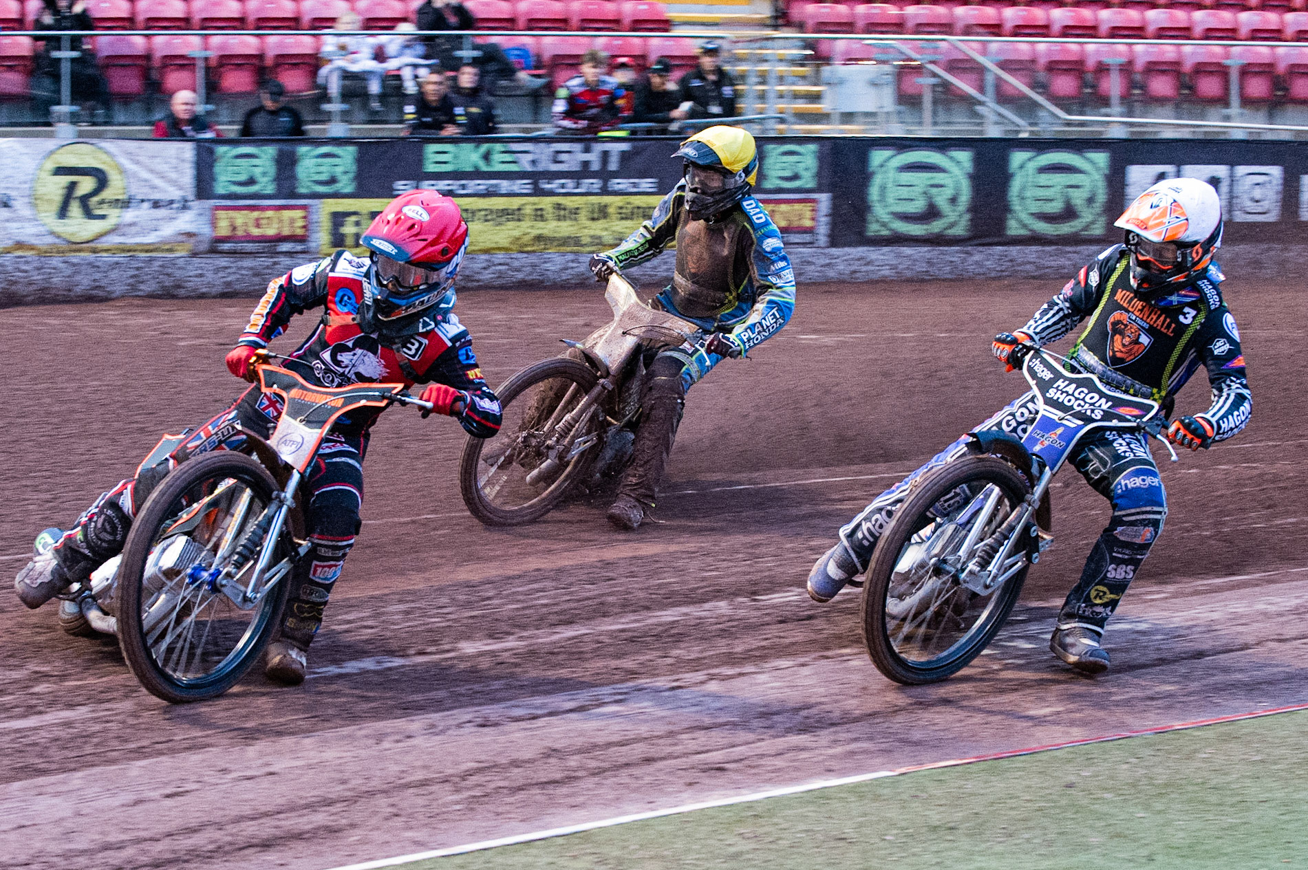Photo: Ian Charles
Belle Vue Colts  Jordan Palin (Red)  leads Jason Edwards  (White) and Matt Marson  (Yellow)

Belle Vue Colts v Mildenhall Fen Tigers, National League, Belle Vue National Speedway Stadium, Manchester, Monday 2  September  2019
