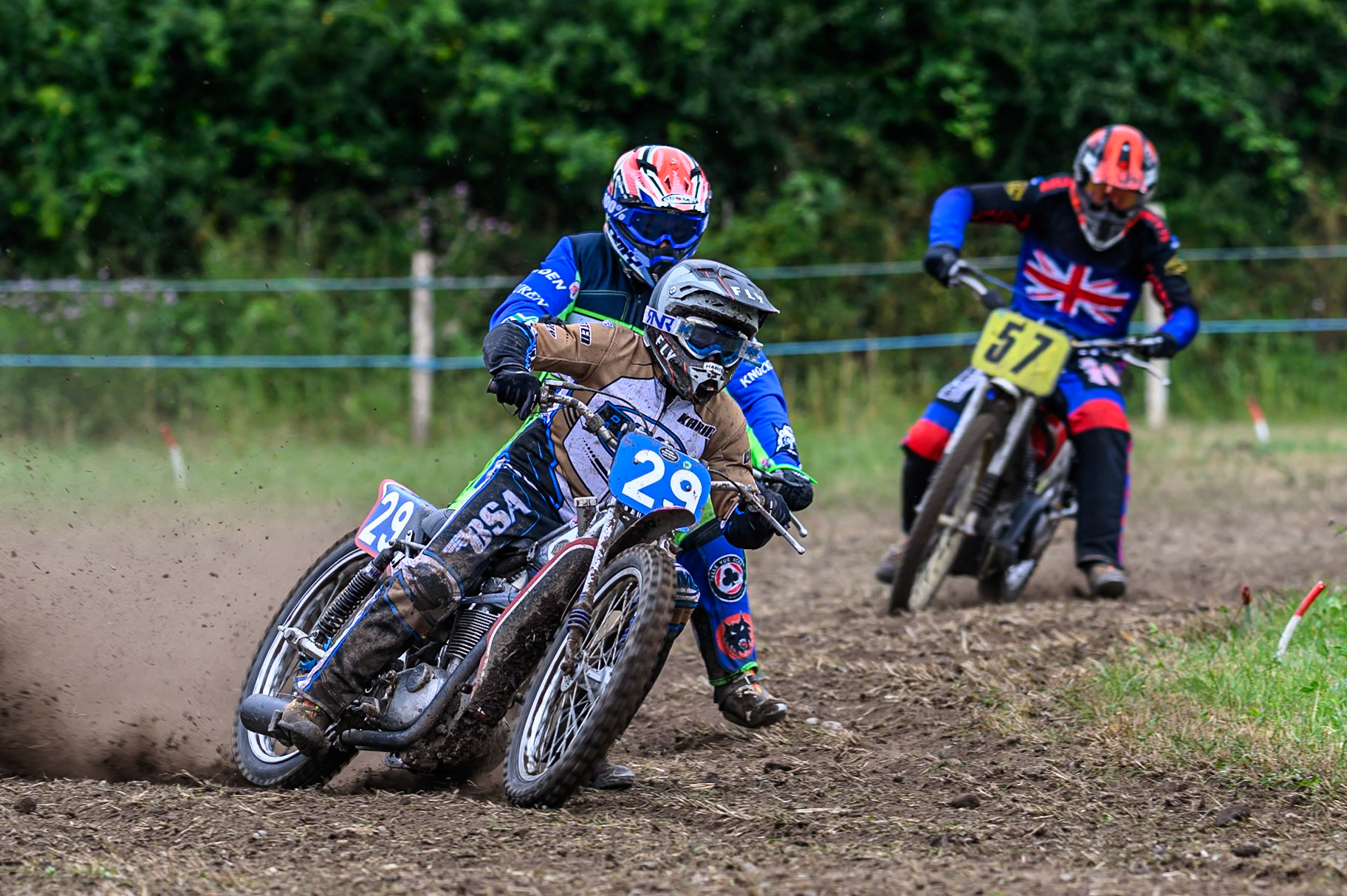 John Shipley (129) leading Neil Perrone (10) and Max Dent (57) in the Pre 75 class during the ACU Northern Grass Track Riders Championship at Cheshire Grass Track Club, Frog Lane, Knutsford, Cheshire on Sunday 20th July 2025. (Photo: Ian Charles | MI News)