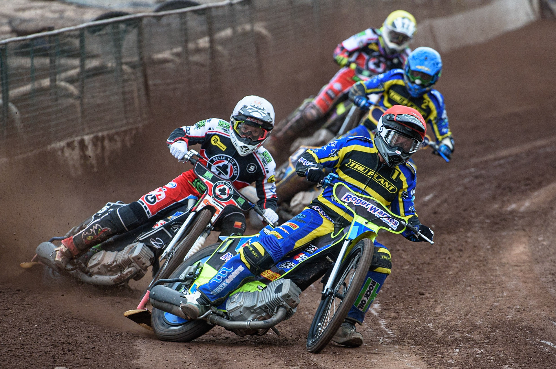 SHEFFIELD, UK. JULY 1ST     Troy Batchelor (Red) leads Dan Bewley  (White), Kyle Howarth  (Blue) and Tom Brennan  (Yellow) during the SGB Premiership match between Sheffield Tigers and Belle Vue Aces at Owlerton Stadium, Sheffield on Thursday 1st July 2021. (Credit: Ian Charles | MI News)