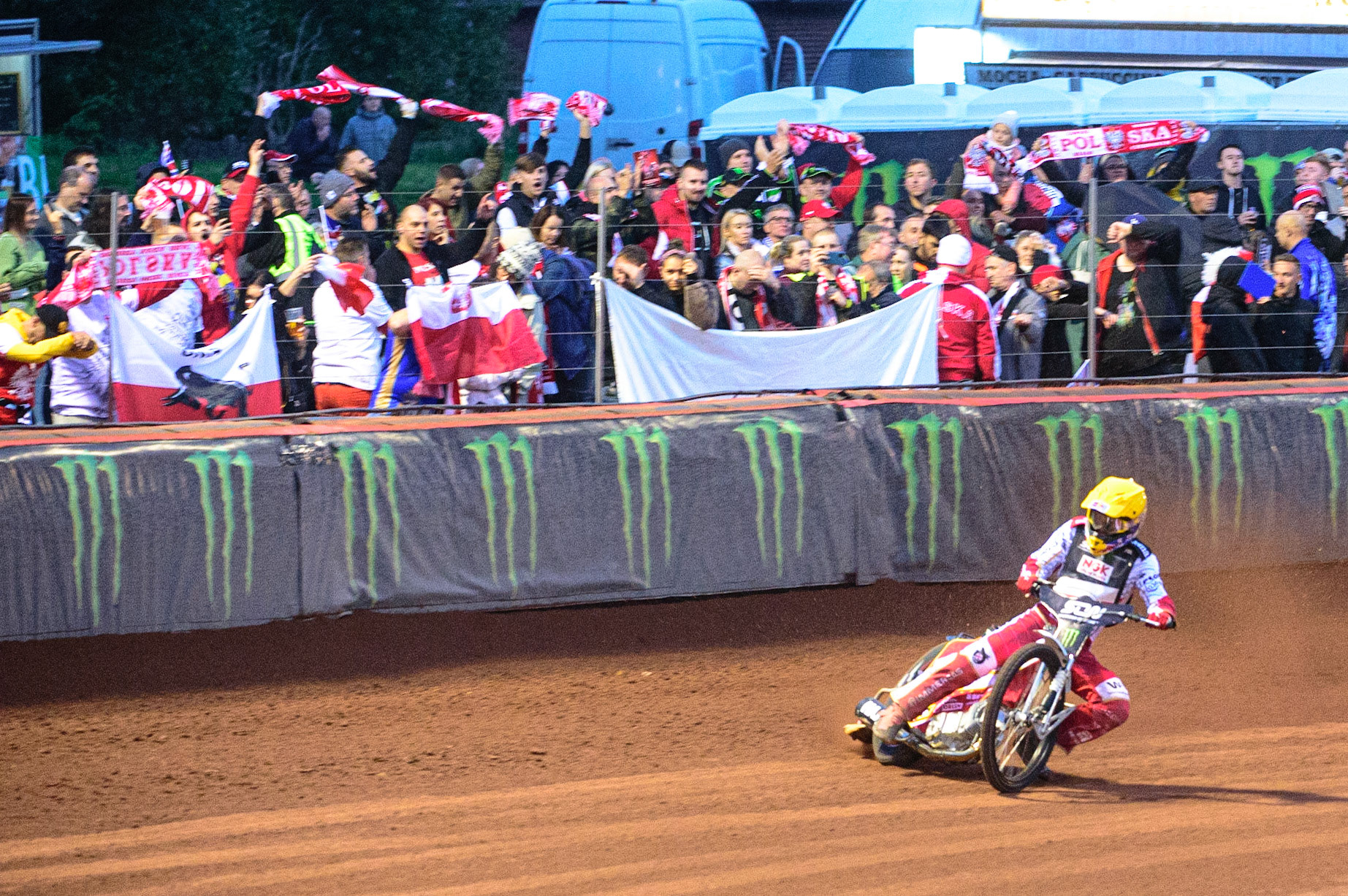 MANCHESTER, UK. OCT 16TH Maciej Janowski of Poland gets the Polish fans cheering during the Monster Energy FIM Speedway of Nations at the National Speedway Stadium, Manchester on Saturday  16th October 2021. (Credit: Ian Charles | MI News)