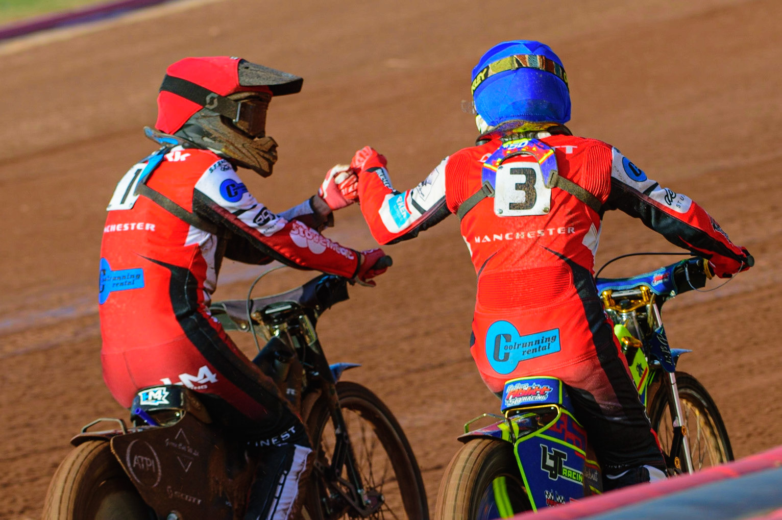 MANCHESTER, UK. MAY 27TH  Harry McGurk  (Red) and Nathan Ablitt  celebrate their 5-1 heat win during the National Development League match between Belle Vue Colts and Armadale Devils at the National Speedway Stadium, Manchester on Friday 27th May 2022. (Credit: Ian Charles | MI News)