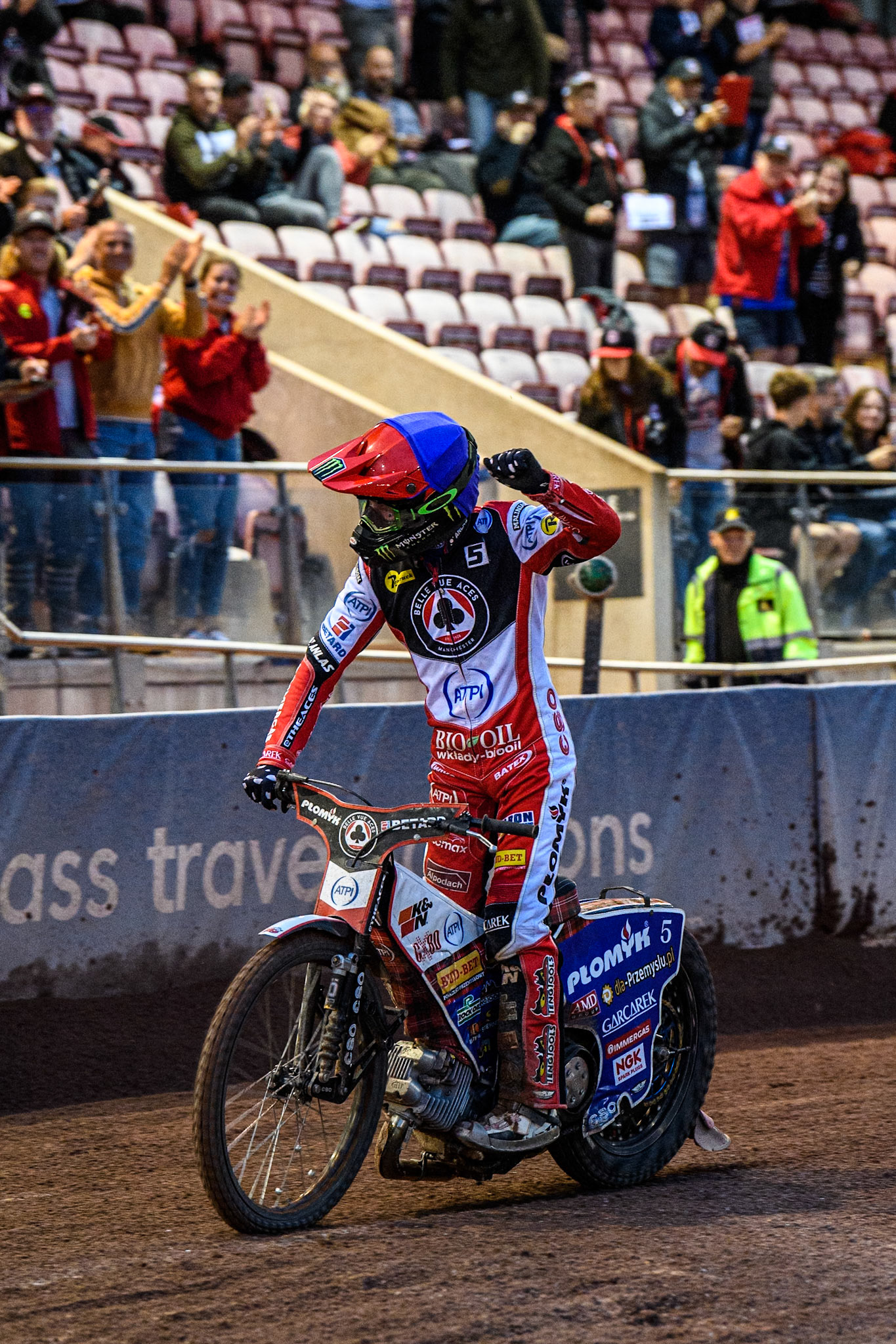 Belle Vue Aces' Dan Bewley  acknowledges the fans during the Rowe Motor Oil Premiership match between Belle Vue Aces and Oxford Spires at the National Speedway Stadium, Manchester on Monday 22nd July 2024. (Photo: Ian Charles | MI News)