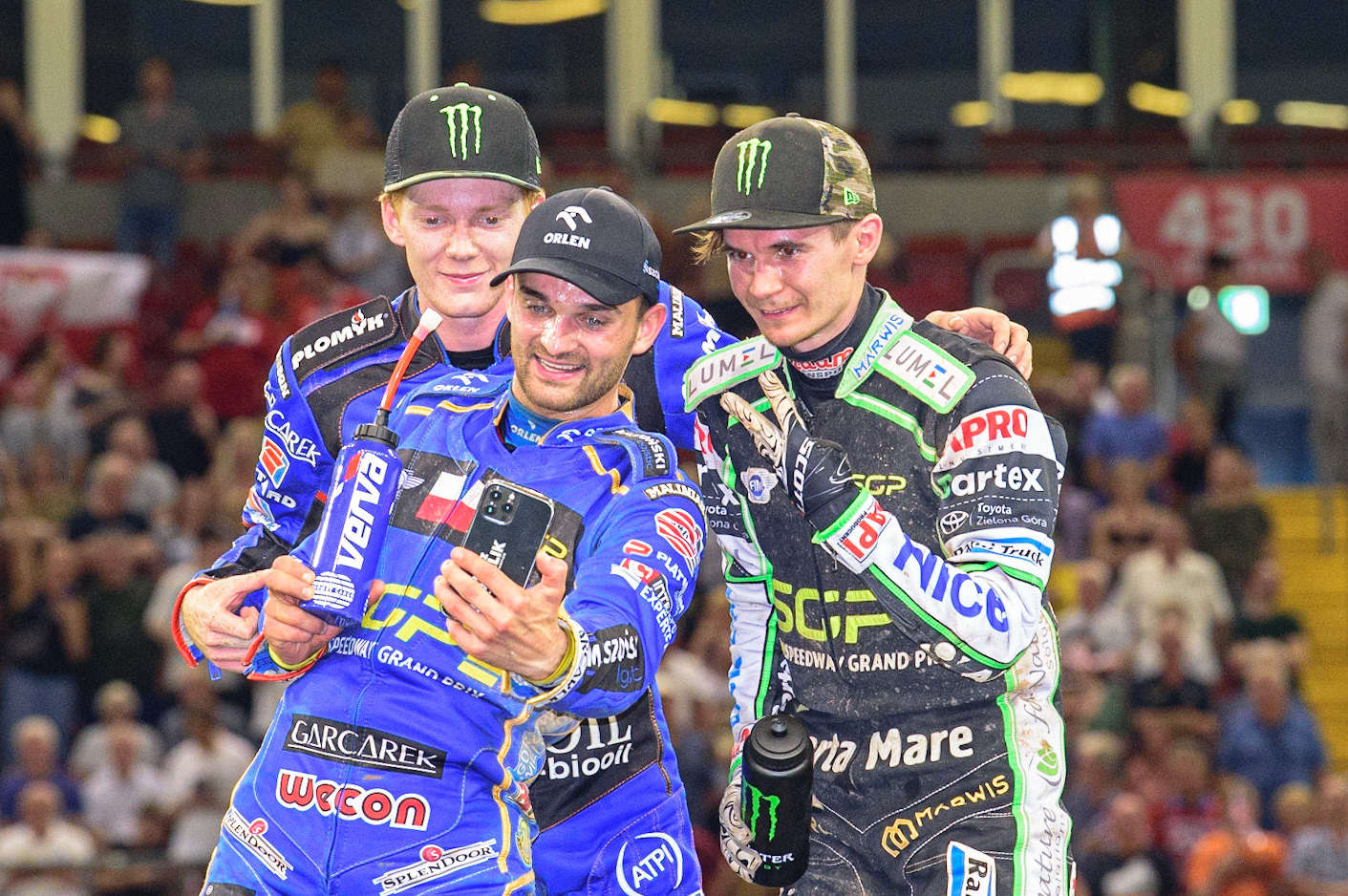 The Top 3 Selfie during the FIM  Speedway Grand Prix of Great Britain at the Principality Stadium, Cardiff on Saturday 13th August 2022. (Credit: Ian Charles | MI News
