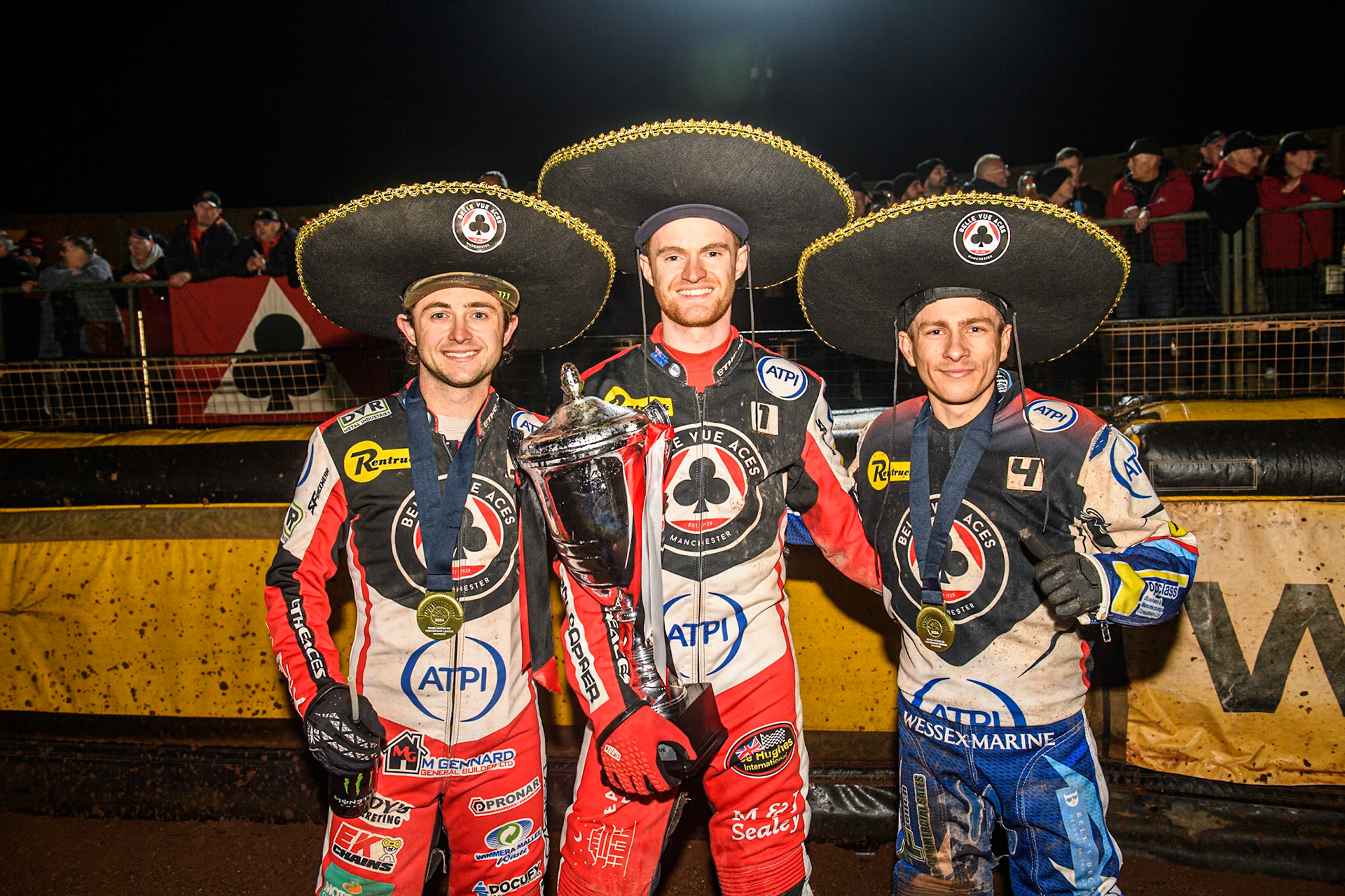 The three Aussie Aces: Jaimon Lidsey, Brady Kurtz and Ben Cookduring the Rowe Motor Oil Premiership Grand Final 2nd Leg between Leicester Lions and Belle Vue Aces at the Pidcock Motorcycles Arena, Leicester on Thursday 26th September 2024. (Photo: Ian Charles | MI News)