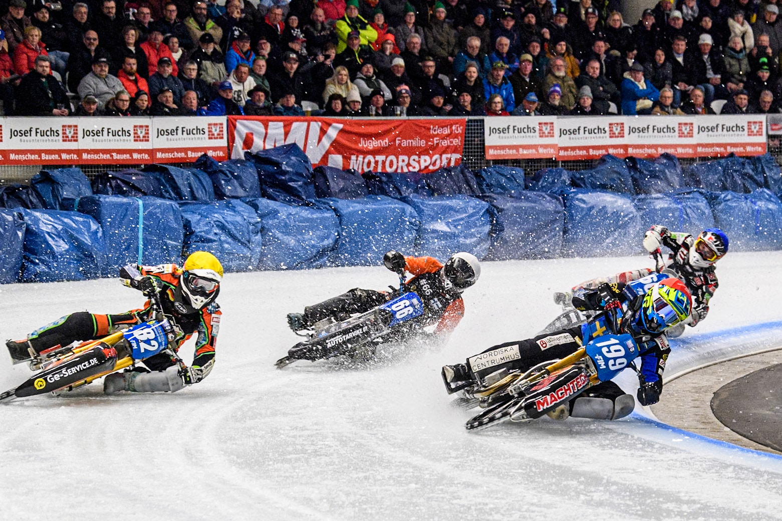 Sweden's Martin Haarahiltunen (199) (Red) leads  Germany's Markus Jell (82) (Yellow) with Finland's Aki Ala-Riihimäki (66) (White) and Austria's Charly Ebner (665) (Blue) behindduring the FIM Ice Speedway Gladiators World Championship Final 1 at the Max-Aicher-Arena, Inzell on Saturday 23 March 2024. (Photo: Ian Charles | MI News)