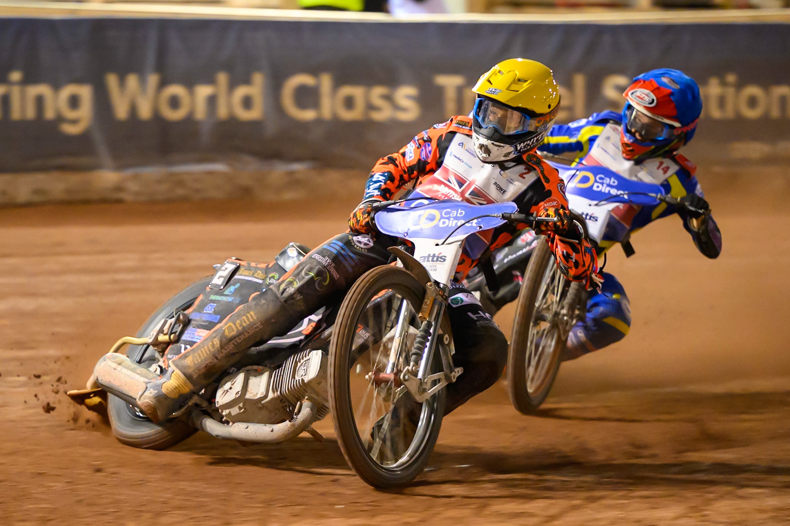 Cooper Rushen (2) in Yellow leading Leon Flint (14)  in Blue in the Semi Final during the Cab Direct British Speedway Championship Final at the National Speedway Stadium, Manchester on Saturday 15th August 2026. (Photo: Ian Charles | MI News)