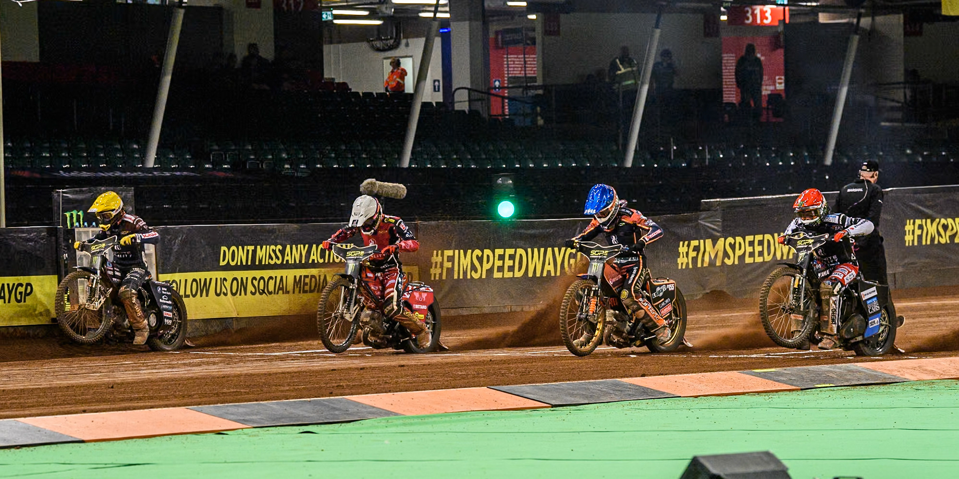(L to R) Dominik Kubera (415) of Poland in Yellow, Max Fricke (46) of Australia in White Mikkel Michelsen (155) of Denmark in Blue and Fredrik Lindgren (66) of Sweden in Red during the FIM Speedway Grand Prix of Great Britain at The Principality Stadium, Cardiff on Saturday 17th August 2024. (Photo: Ian Charles | MI News)