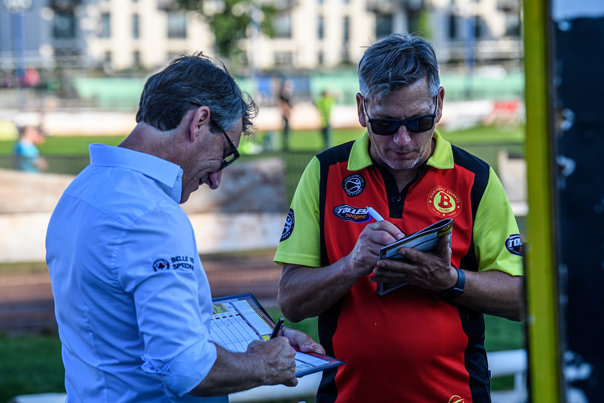 Belle Vue Aces' Team Manager Mark Lemon (Left) with Birmingham Brummies' Team Manager Sam Ermolenko during the Rowe Motor Oil Premiership match between Birmingham Brummies and Belle Vue Aces at Perry Bar Stadium, Birmingham on Monday 29th July 2024. (Photo: Ian Charles | MI News)