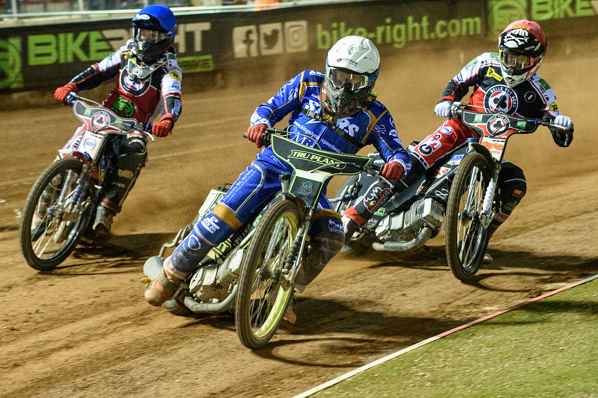 MANCHESTER, UK. SEPT 13TH  Craig Cook (White) leads Dan Bewley  (Red) and Brady Kurtz  (Blue) during the SGB Premiership match between Belle Vue Aces and King's Lynn Stars at the National Speedway Stadium, Manchester on Monday 13th September 2021. (Credit: Ian Charles | MI News)