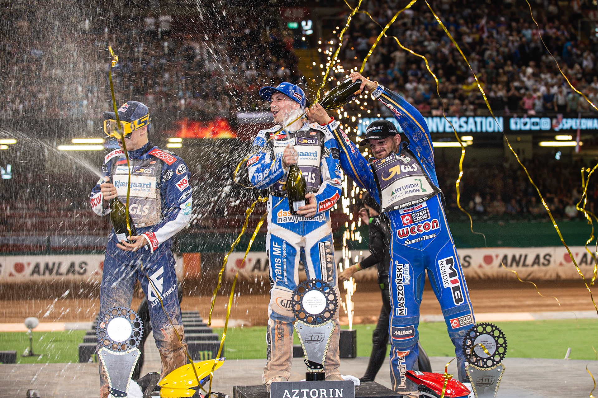 CARDIFF,WALES  Champagne capers on the rostrum during the ADRIAN FLUX BRITISH FIM SPEEDWAY GRAND PRIX at the Principality Stadium, Cardiff on Saturday 21st September 2019. (Credit: Ian Charles | MI News)