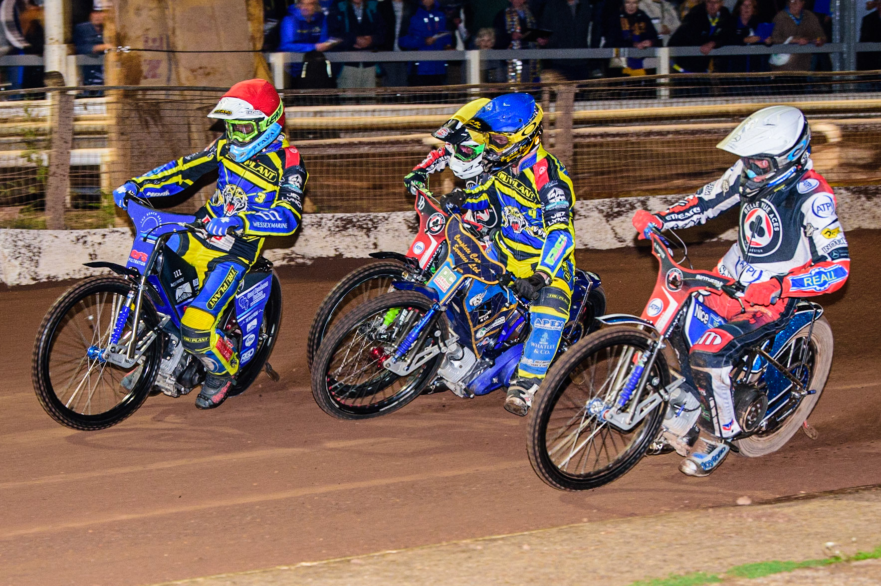 Matej Zagar (White) inside Kyle Howarth  (Blue), Charles Wright  (Yellow) and Adam Ellis  (Red) during the SGB Premiership match between Sheffield Tigers and Belle Vue Aces at Owlerton Stadium, Sheffield on Thursday 22nd September 2022. (Credit: Ian Charles | MI News)